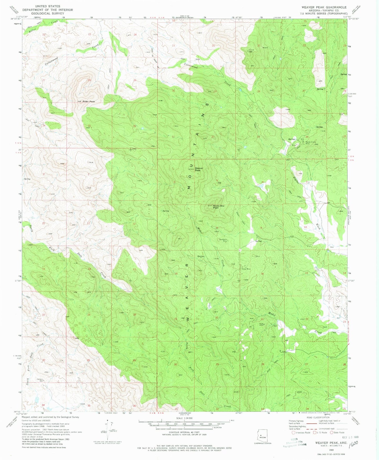 Classic USGS Weaver Peak Arizona 7.5'x7.5' Topo Map Image
