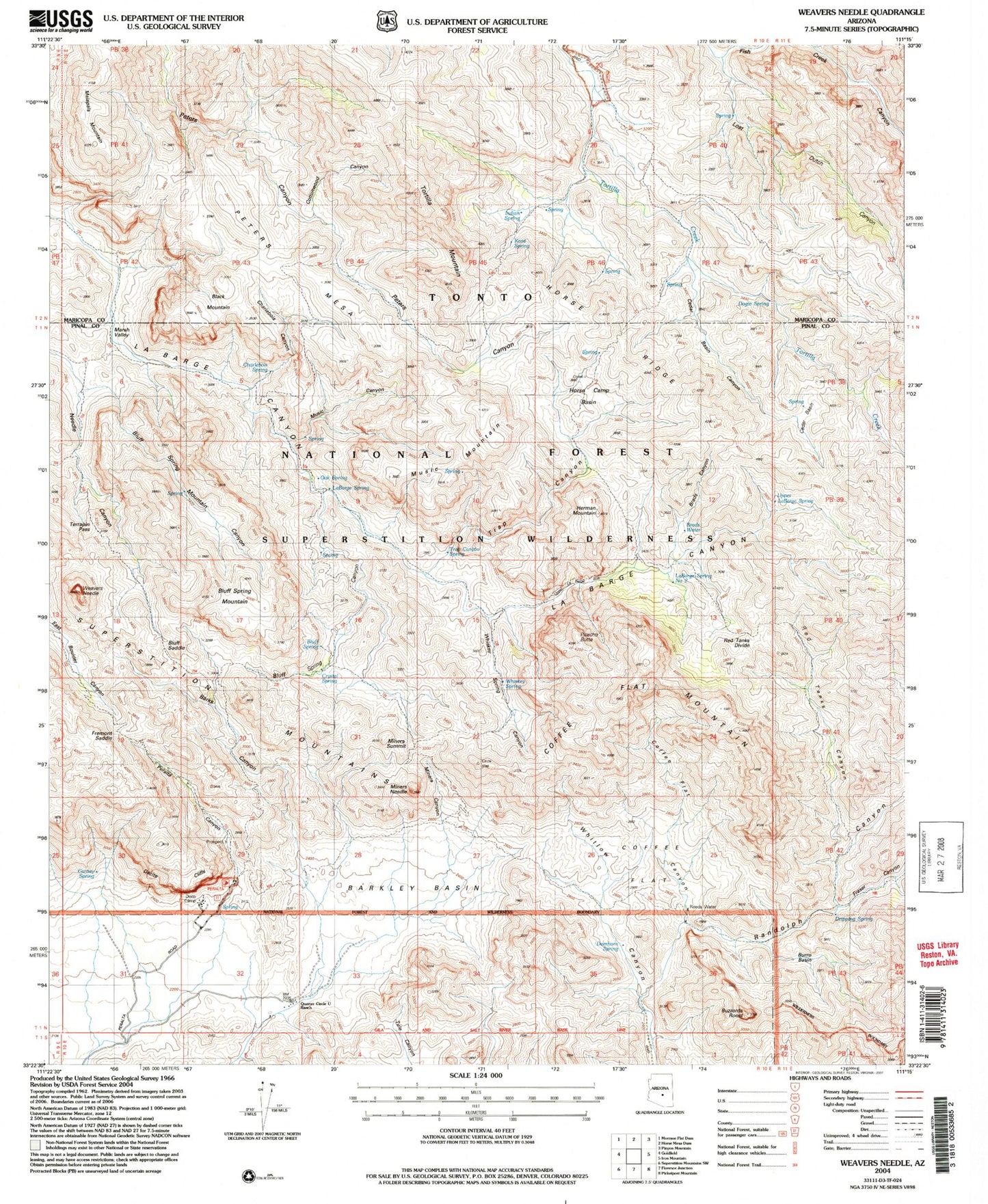USGS Classic Weavers Needle Arizona 7.5'x7.5' Topo Map Image