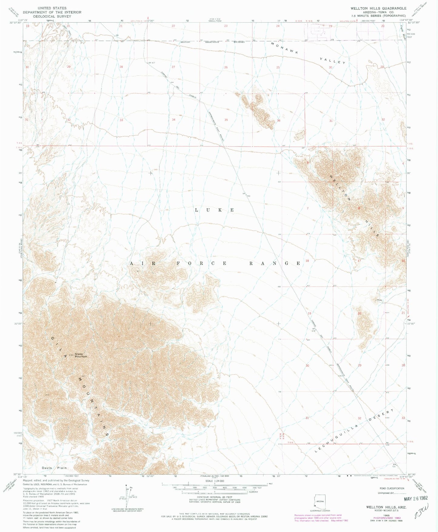 Classic USGS Wellton Hills Arizona 7.5'x7.5' Topo Map Image