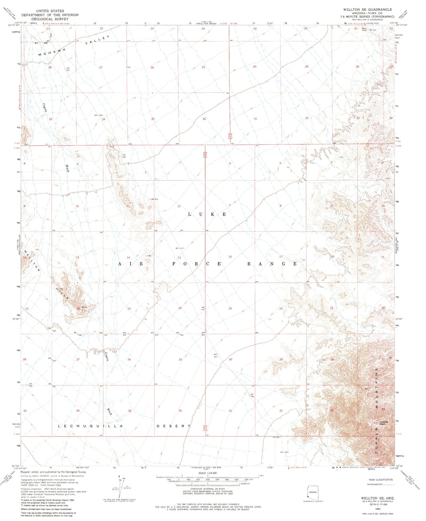 Classic USGS Wellton SE Arizona 7.5'x7.5' Topo Map Image