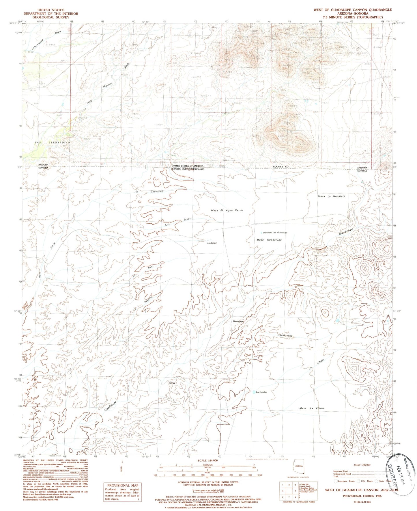 Classic USGS West of Guadalupe Canyon Arizona 7.5'x7.5' Topo Map Image