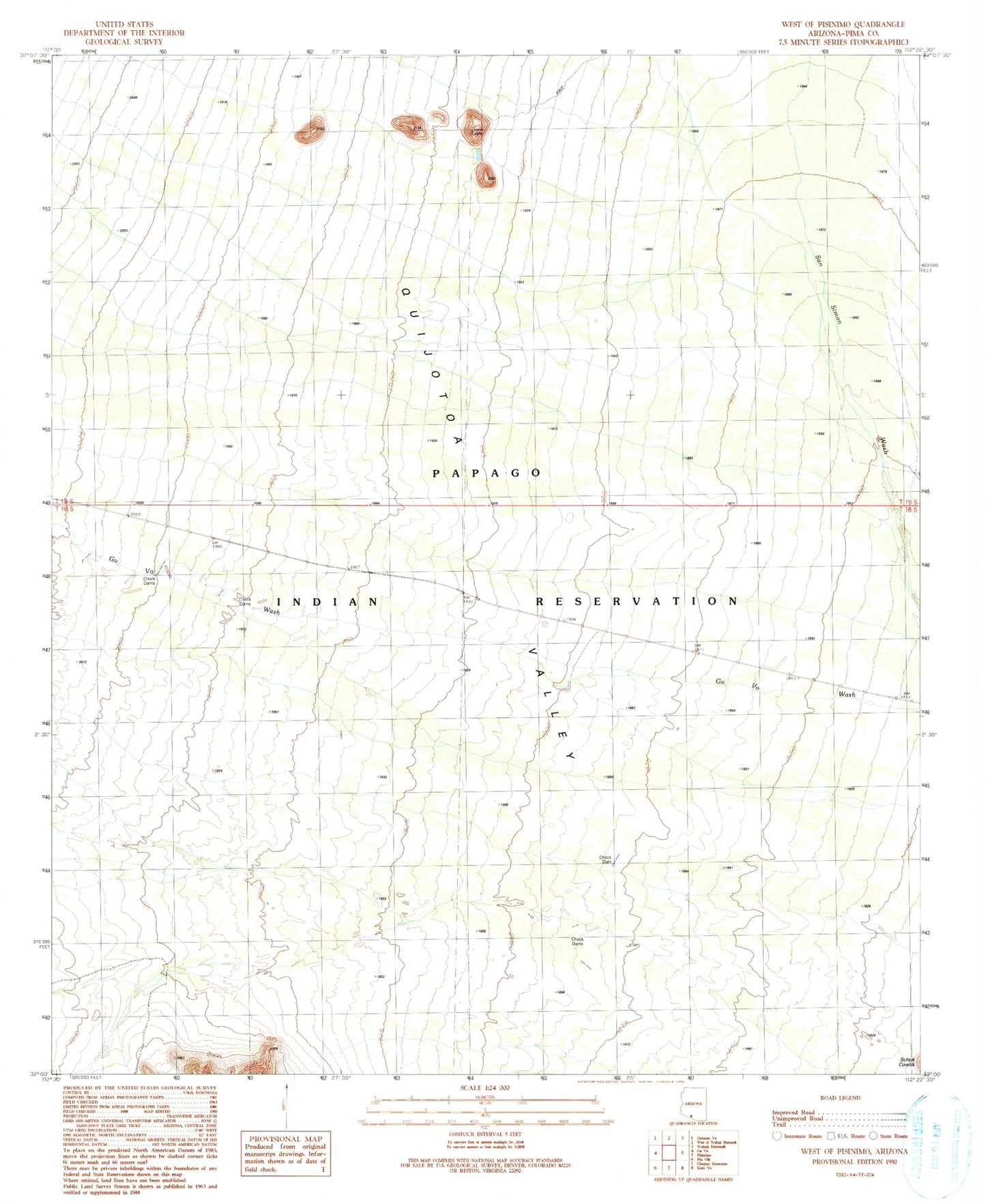Classic USGS West of Pisinimo Arizona 7.5'x7.5' Topo Map Image