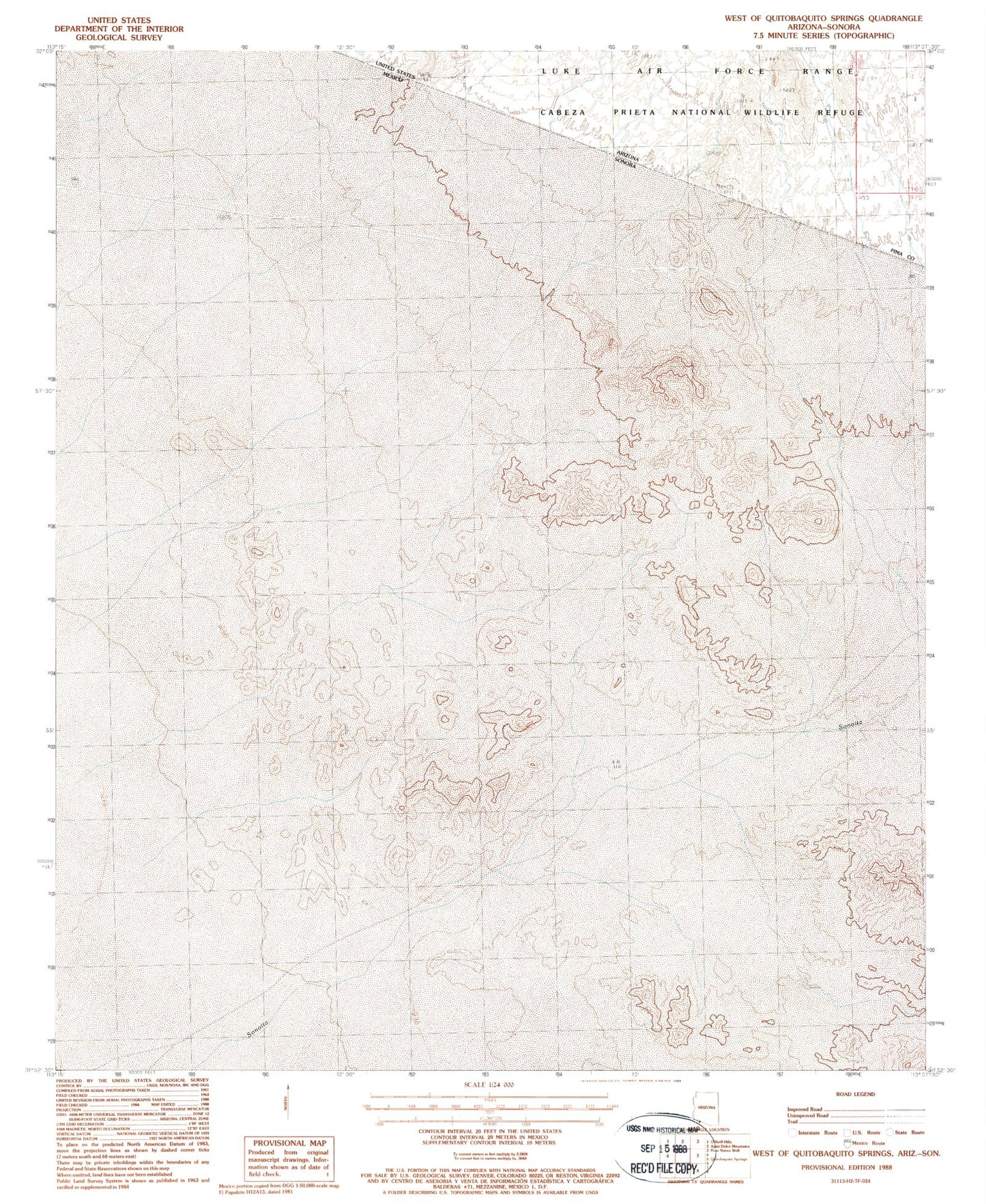 Classic USGS West of Quitobaquito Springs Arizona 7.5'x7.5' Topo Map Image