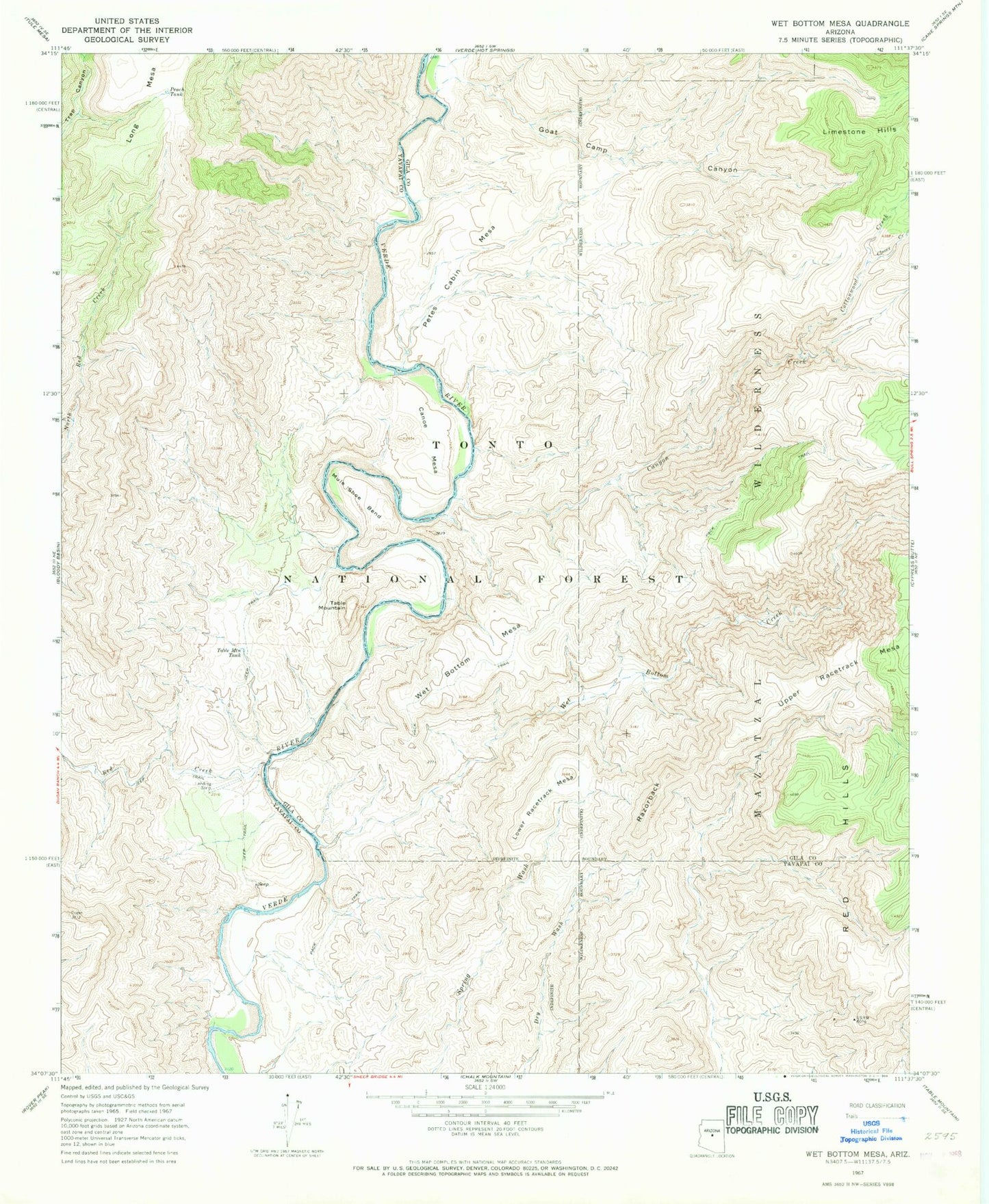 Classic USGS Wet Bottom Mesa Arizona 7.5'x7.5' Topo Map Image