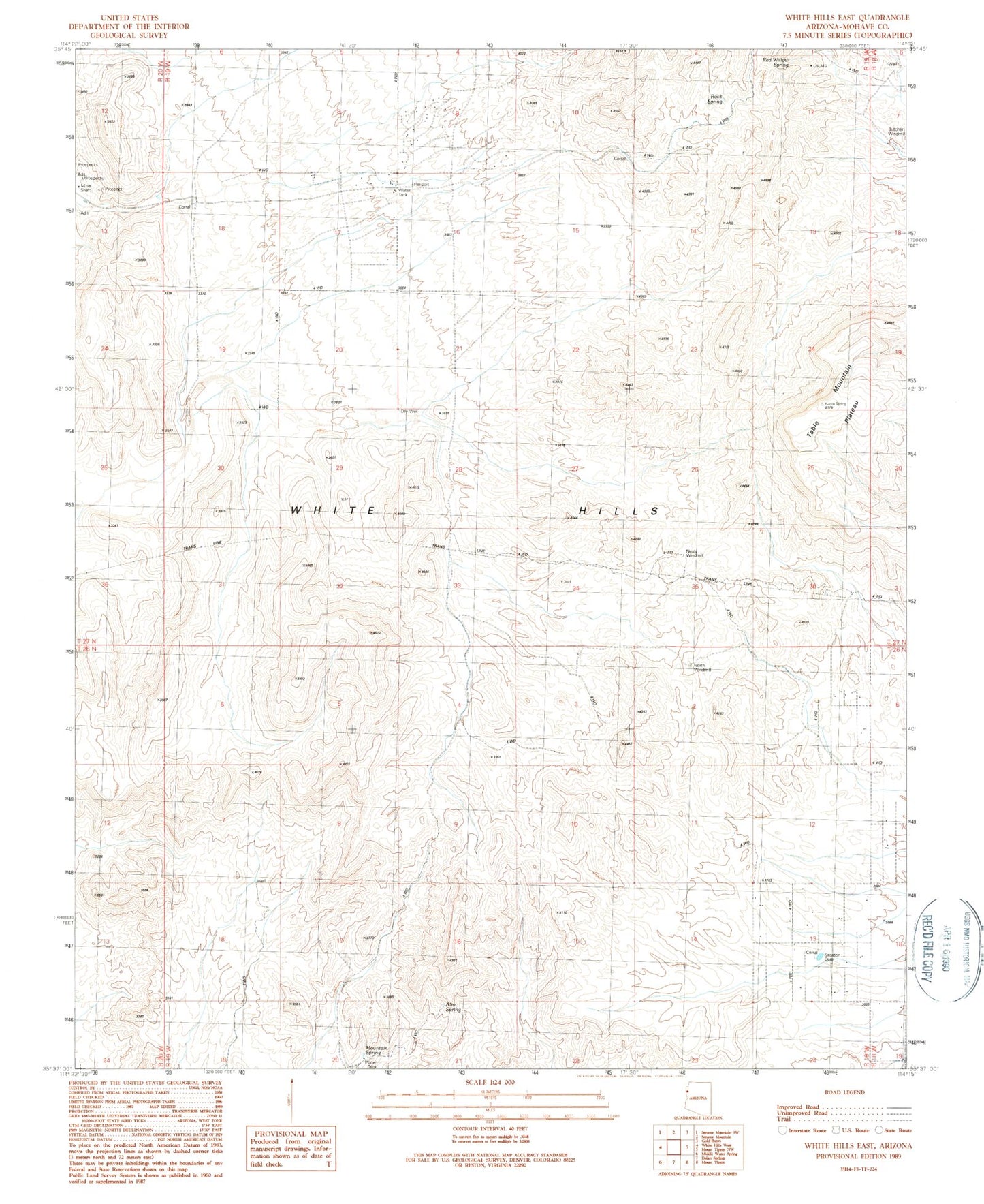 Classic USGS White Hills East Arizona 7.5'x7.5' Topo Map Image