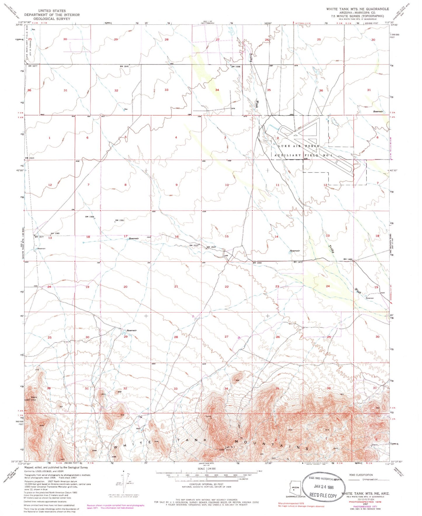 Classic USGS White Tank Mountains NE Arizona 7.5'x7.5' Topo Map Image