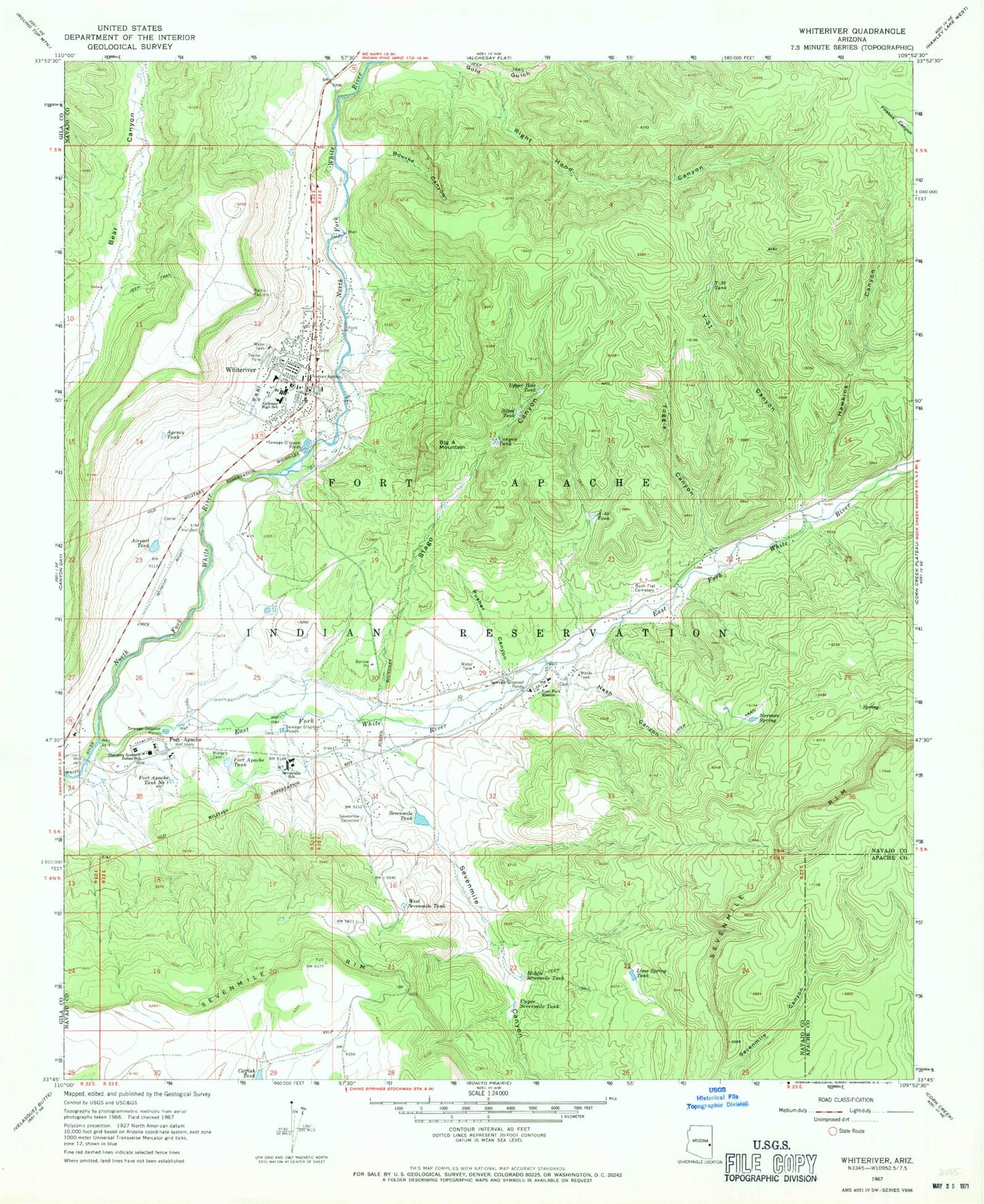 Classic USGS Whiteriver Arizona 7.5'x7.5' Topo Map Image