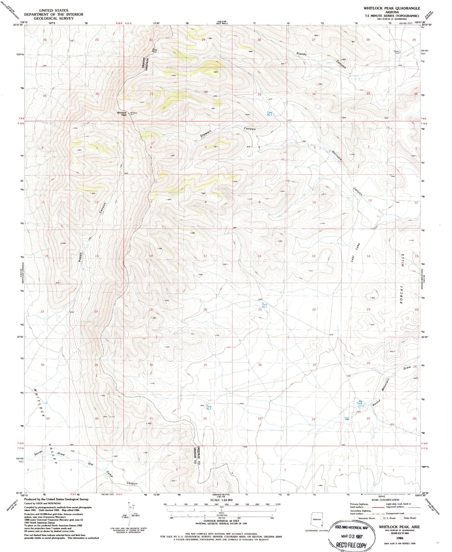 Classic USGS Whitlock Peak Arizona 7.5'x7.5' Topo Map Image