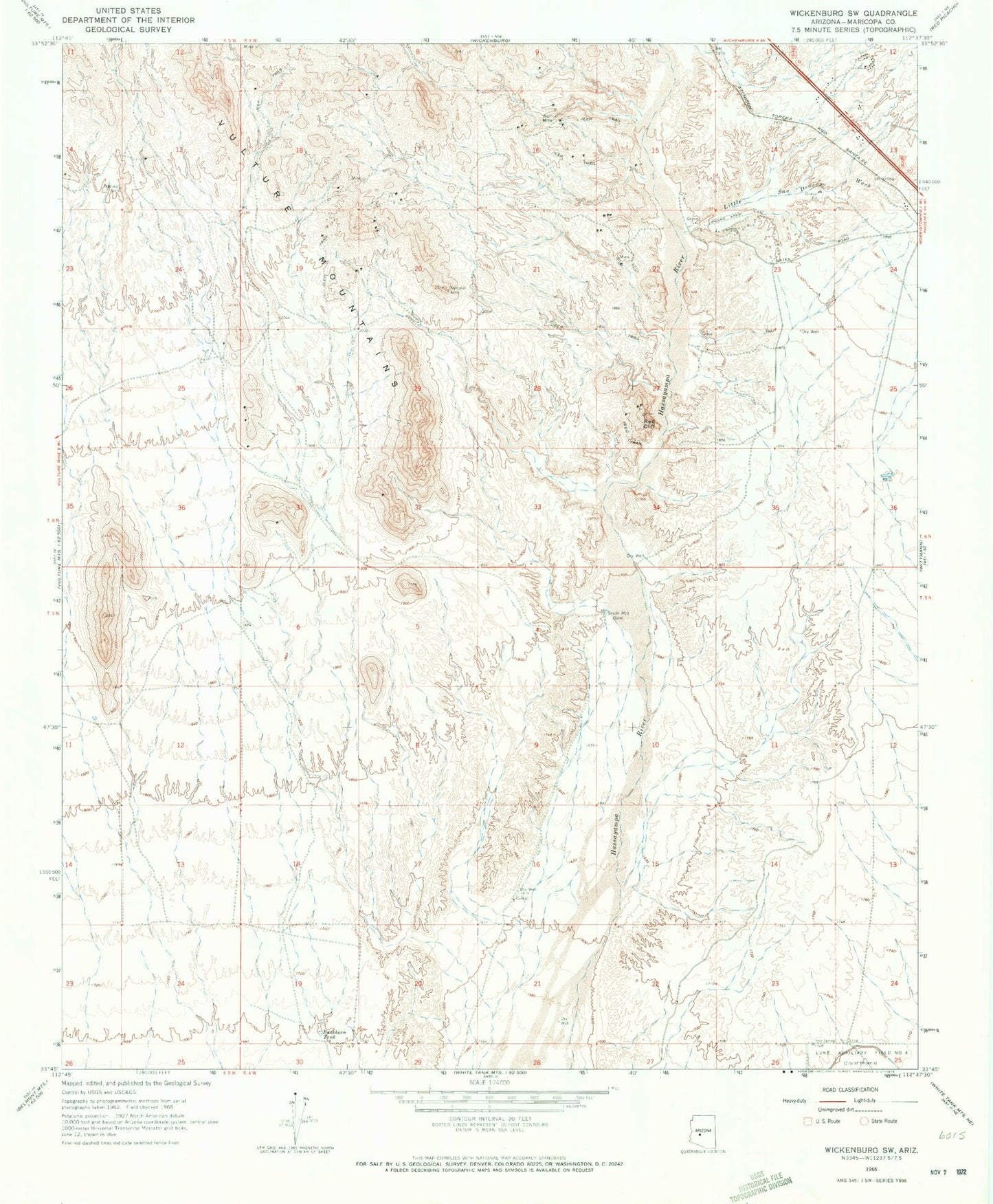 Classic USGS Wickenburg SW Arizona 7.5'x7.5' Topo Map Image