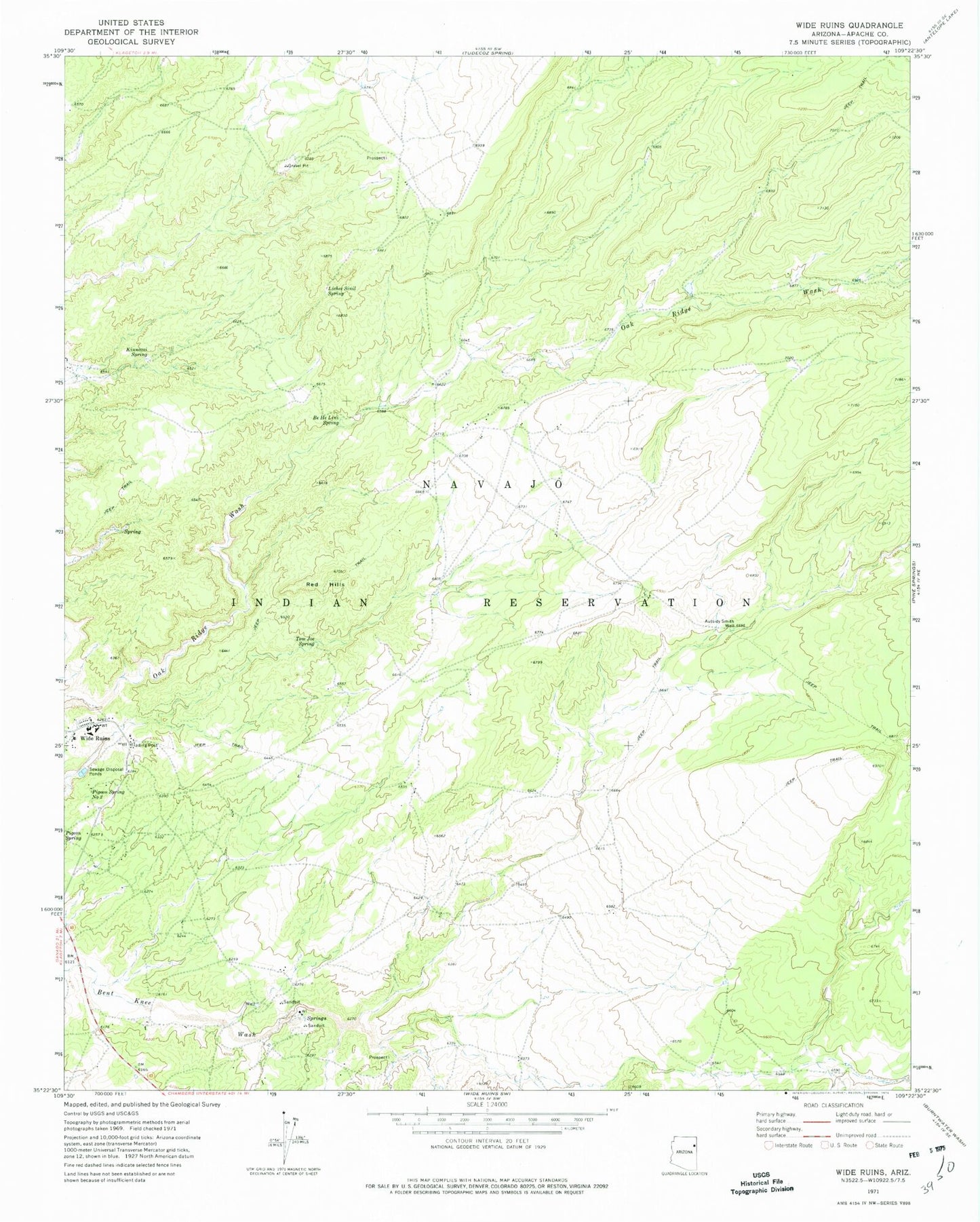 Classic USGS Wide Ruins Arizona 7.5'x7.5' Topo Map Image