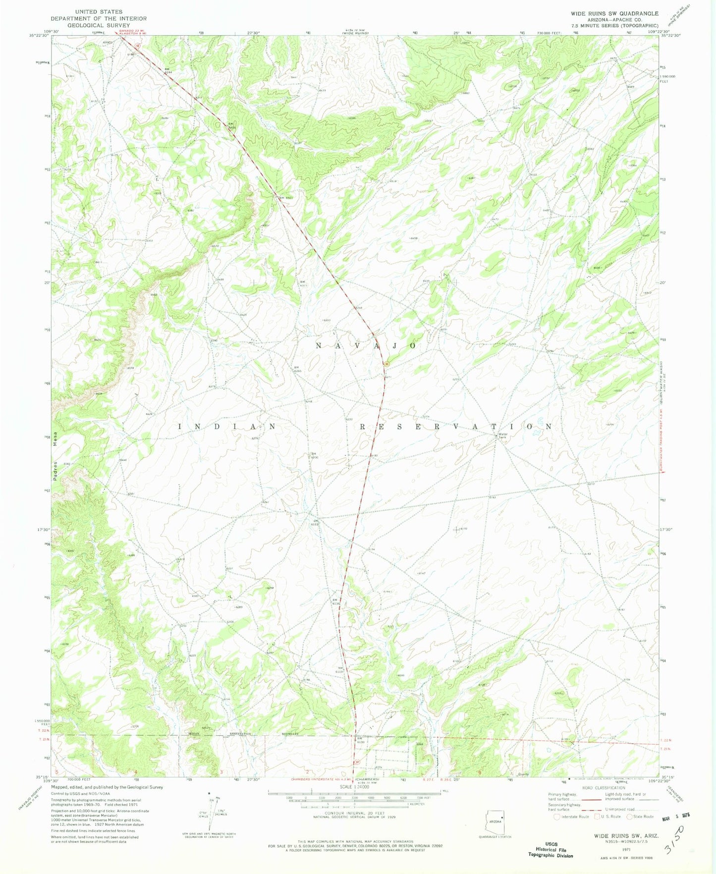 Classic USGS Wide Ruins SW Arizona 7.5'x7.5' Topo Map Image