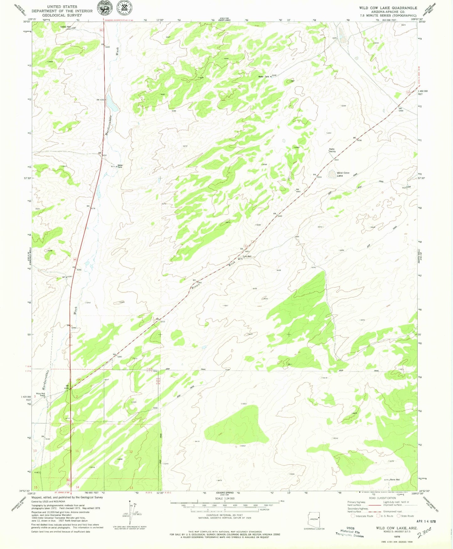 Classic USGS Wild Cow Lake Arizona 7.5'x7.5' Topo Map Image