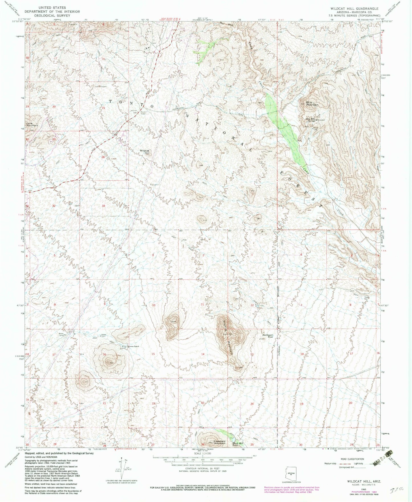 Classic USGS Wildcat Hill Arizona 7.5'x7.5' Topo Map Image