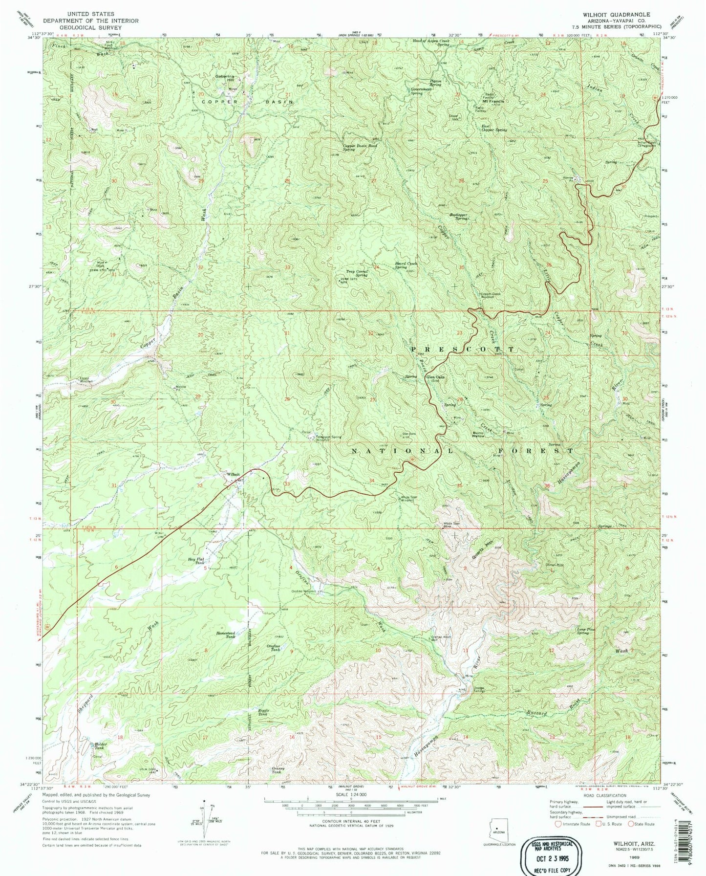 Classic USGS Wilhoit Arizona 7.5'x7.5' Topo Map Image