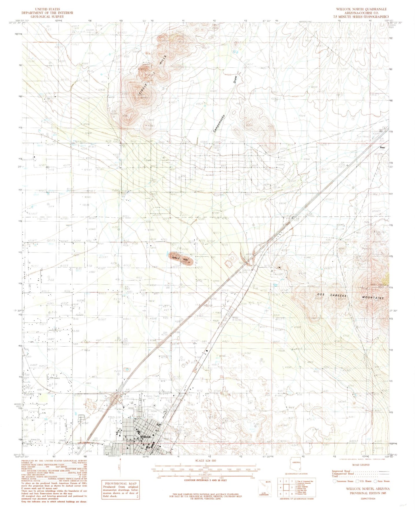 Classic USGS Willcox North Arizona 7.5'x7.5' Topo Map Image