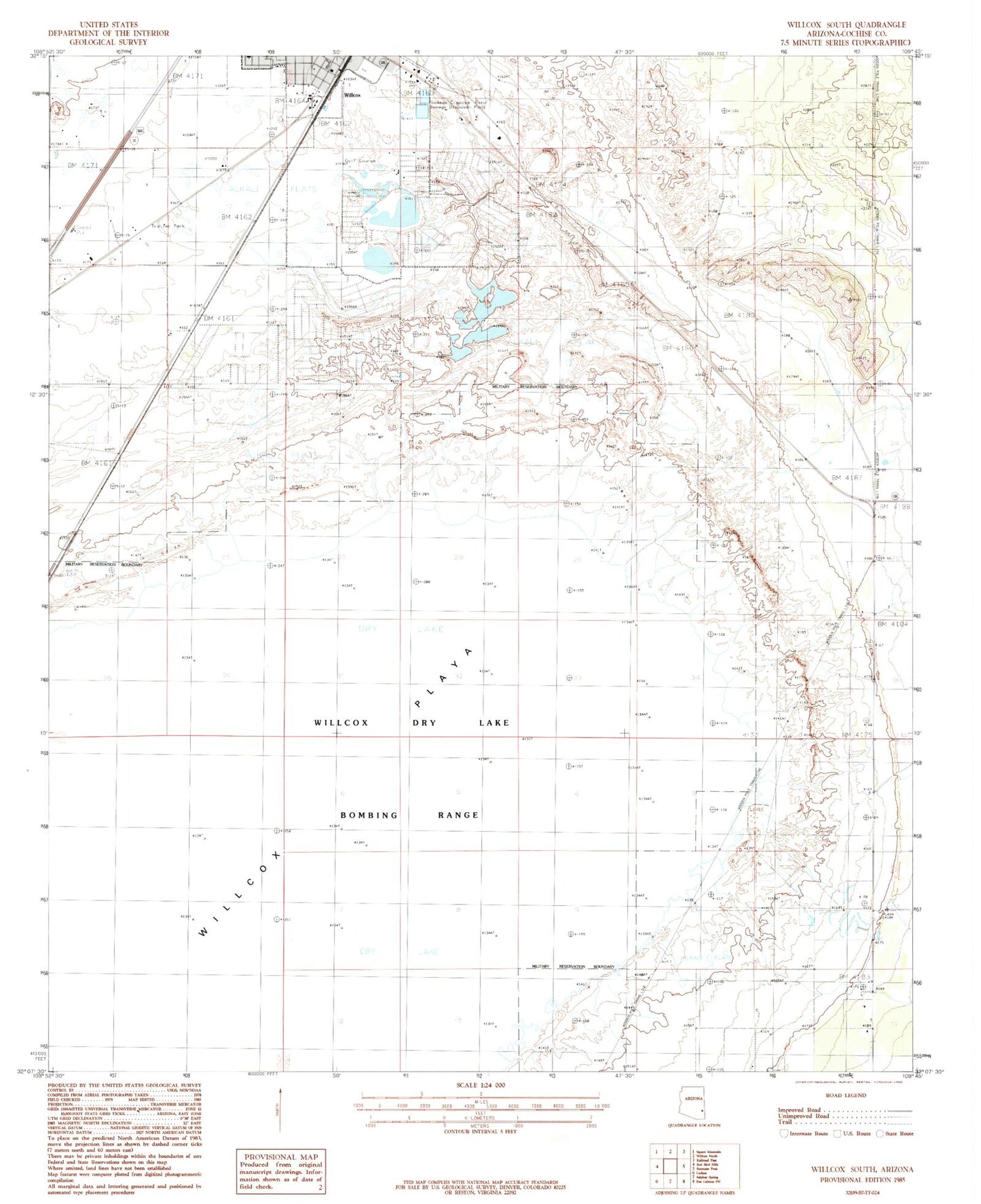Classic USGS Willcox South Arizona 7.5'x7.5' Topo Map Image