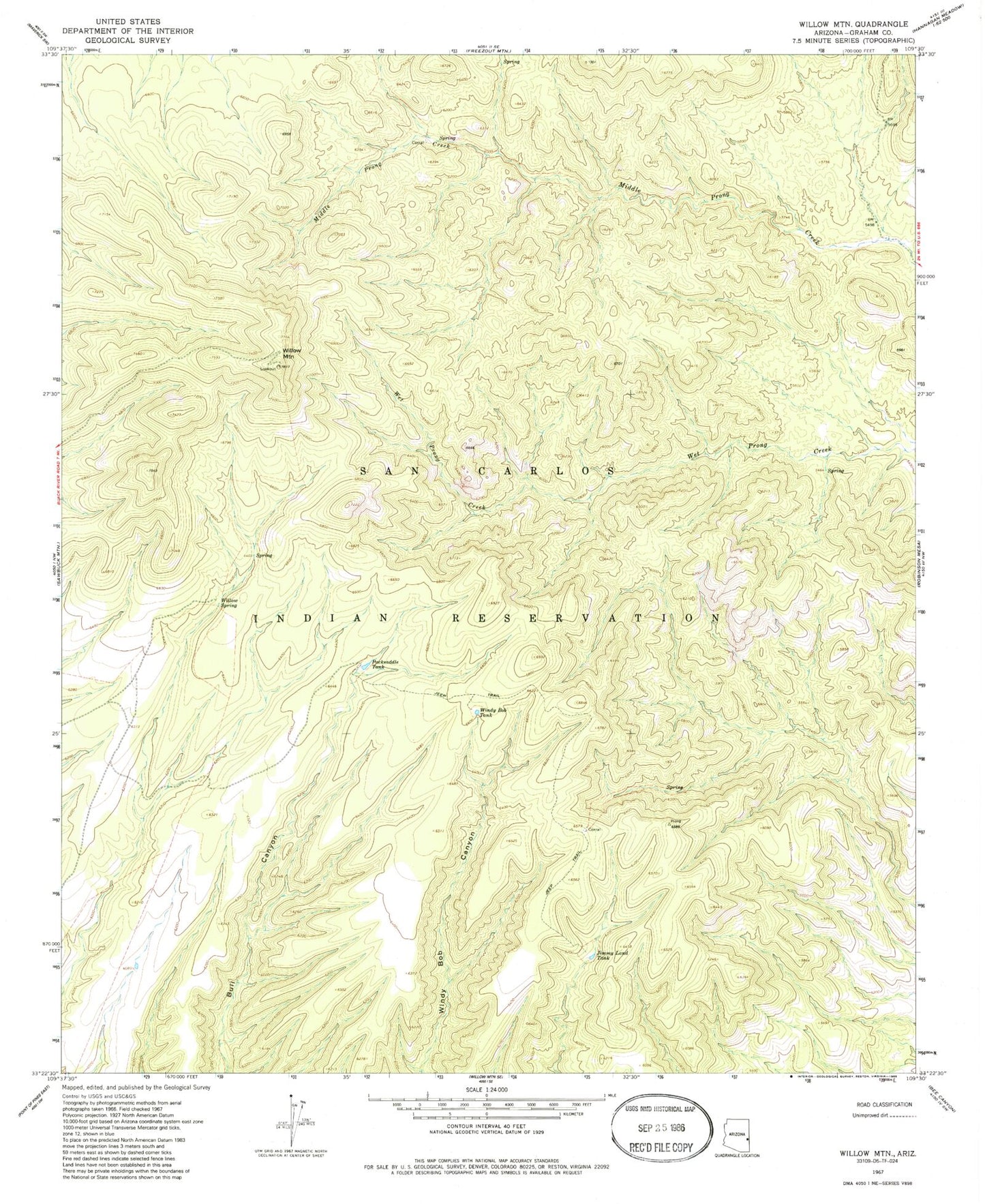 Classic USGS Willow Mountain Arizona 7.5'x7.5' Topo Map Image