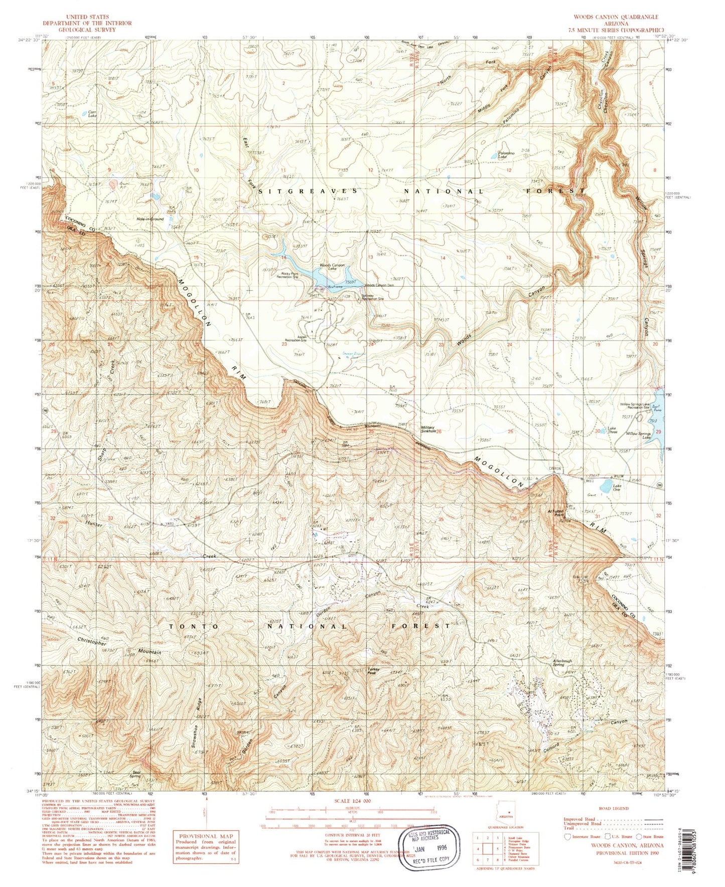 Classic USGS Woods Canyon Arizona 7.5'x7.5' Topo Map Image