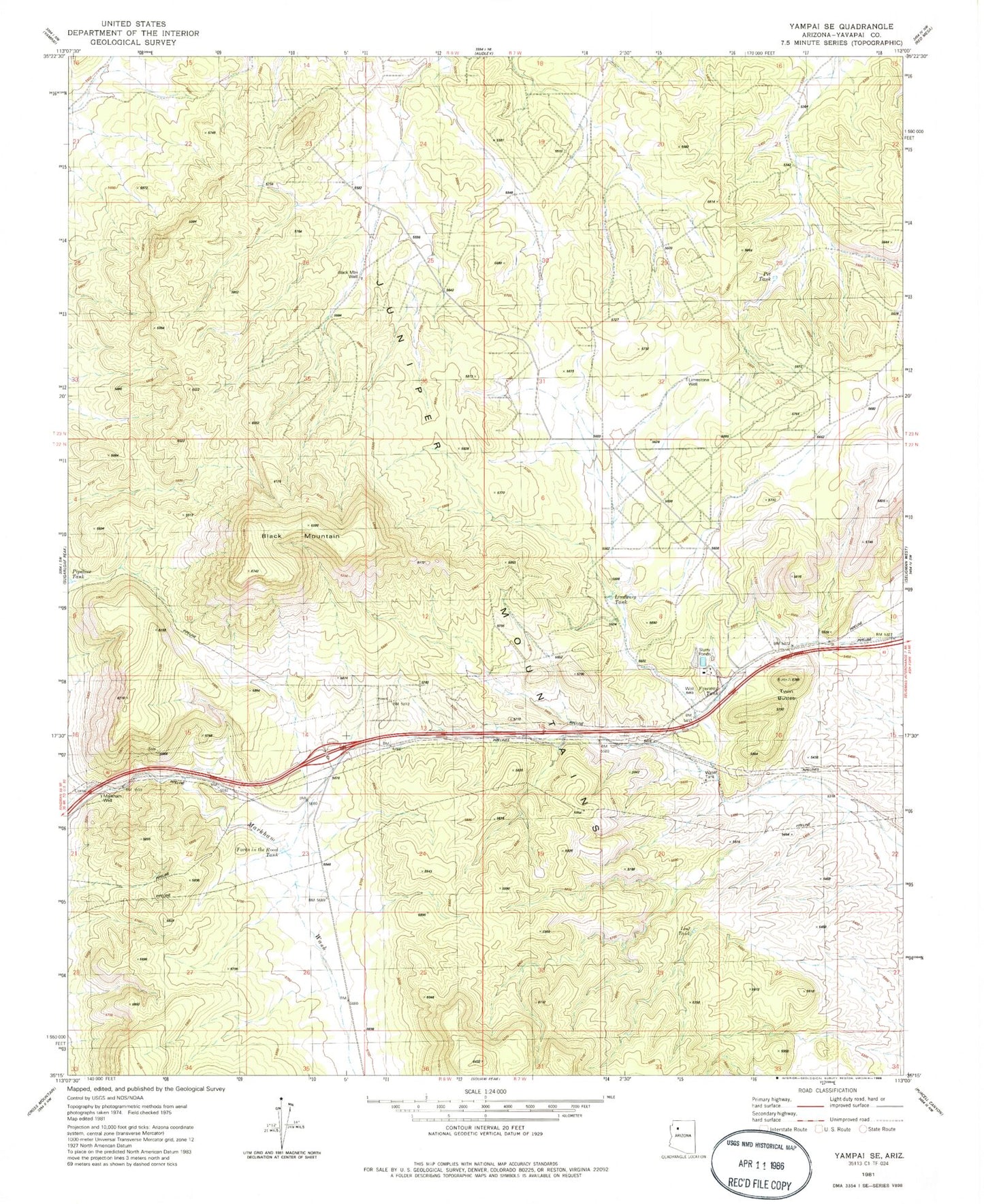 Classic USGS Yampai SE Arizona 7.5'x7.5' Topo Map Image