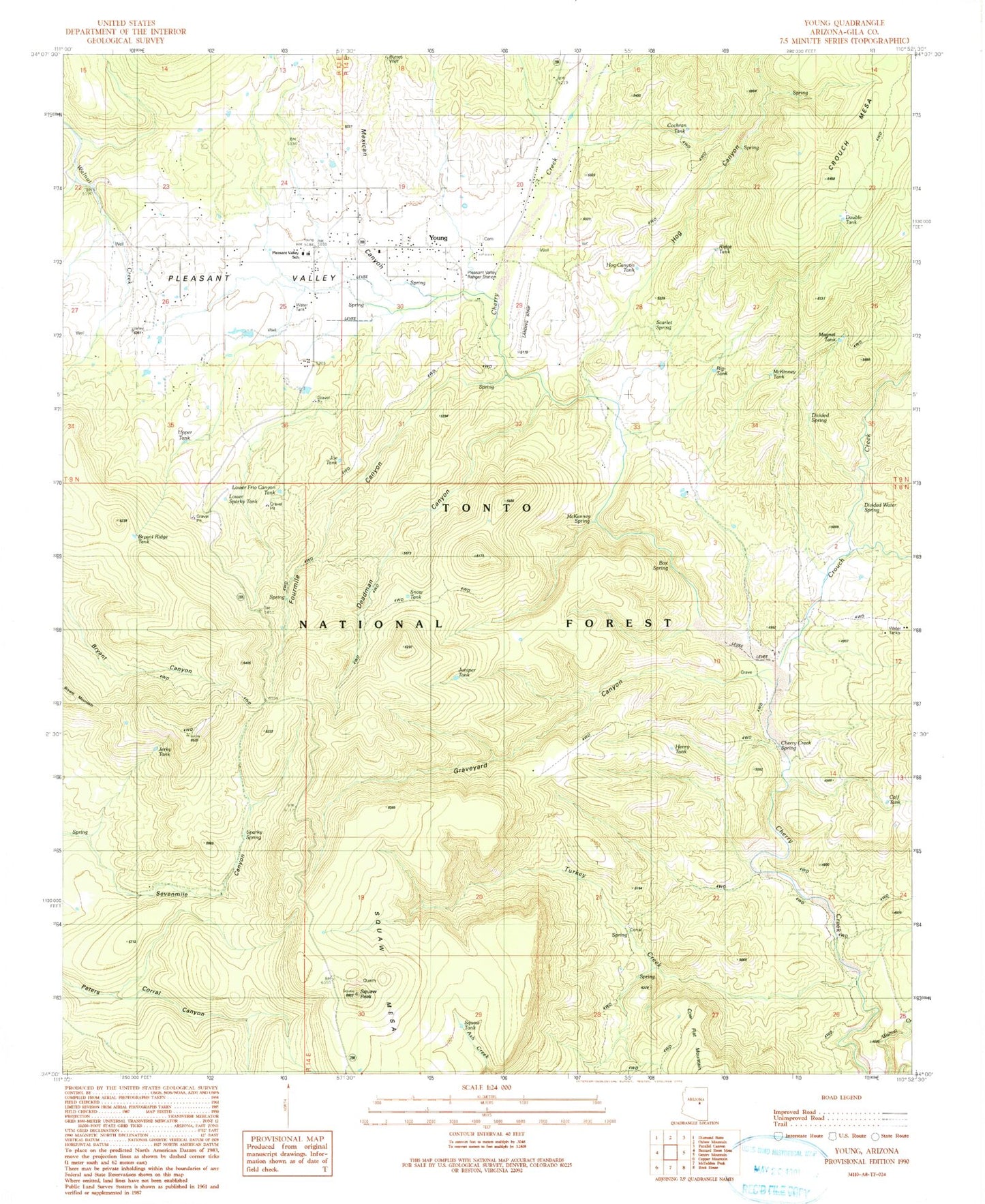 Classic USGS Young Arizona 7.5'x7.5' Topo Map Image