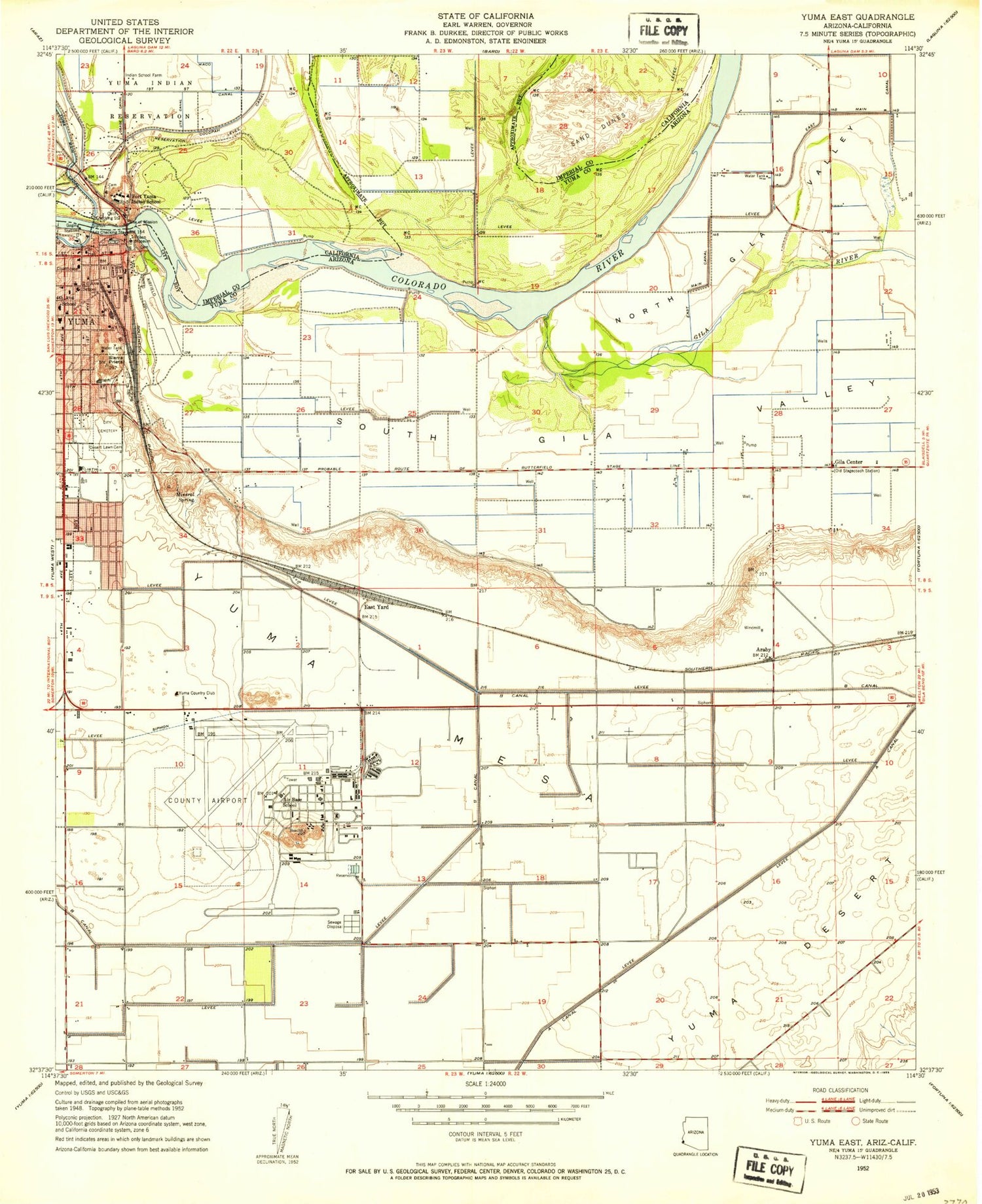 Classic USGS Yuma East Arizona 7.5'x7.5' Topo Map Image
