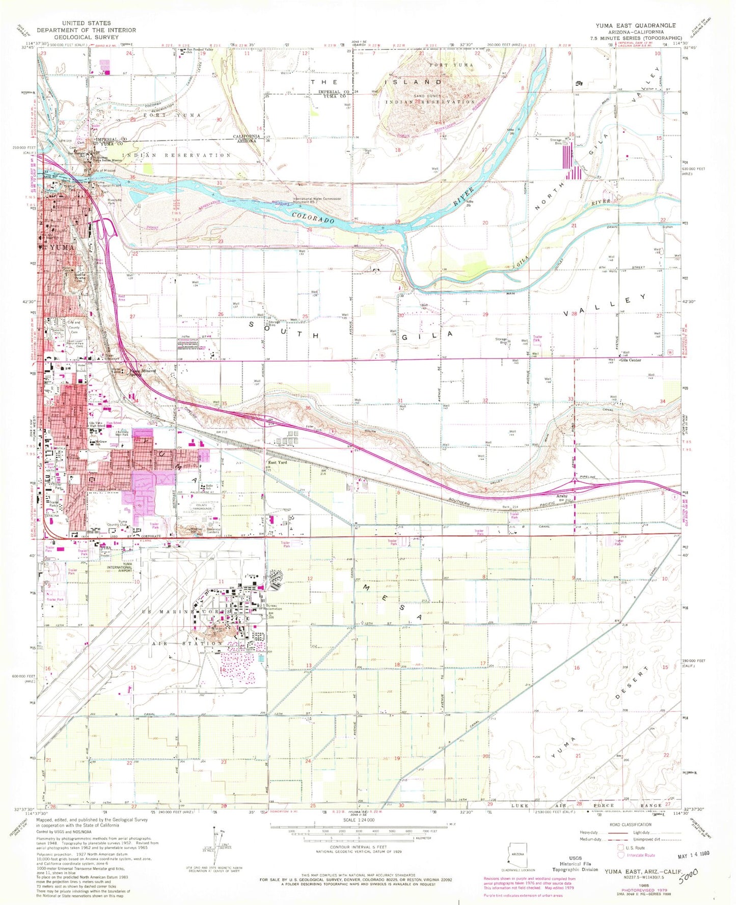 Classic USGS Yuma East Arizona 7.5'x7.5' Topo Map Image