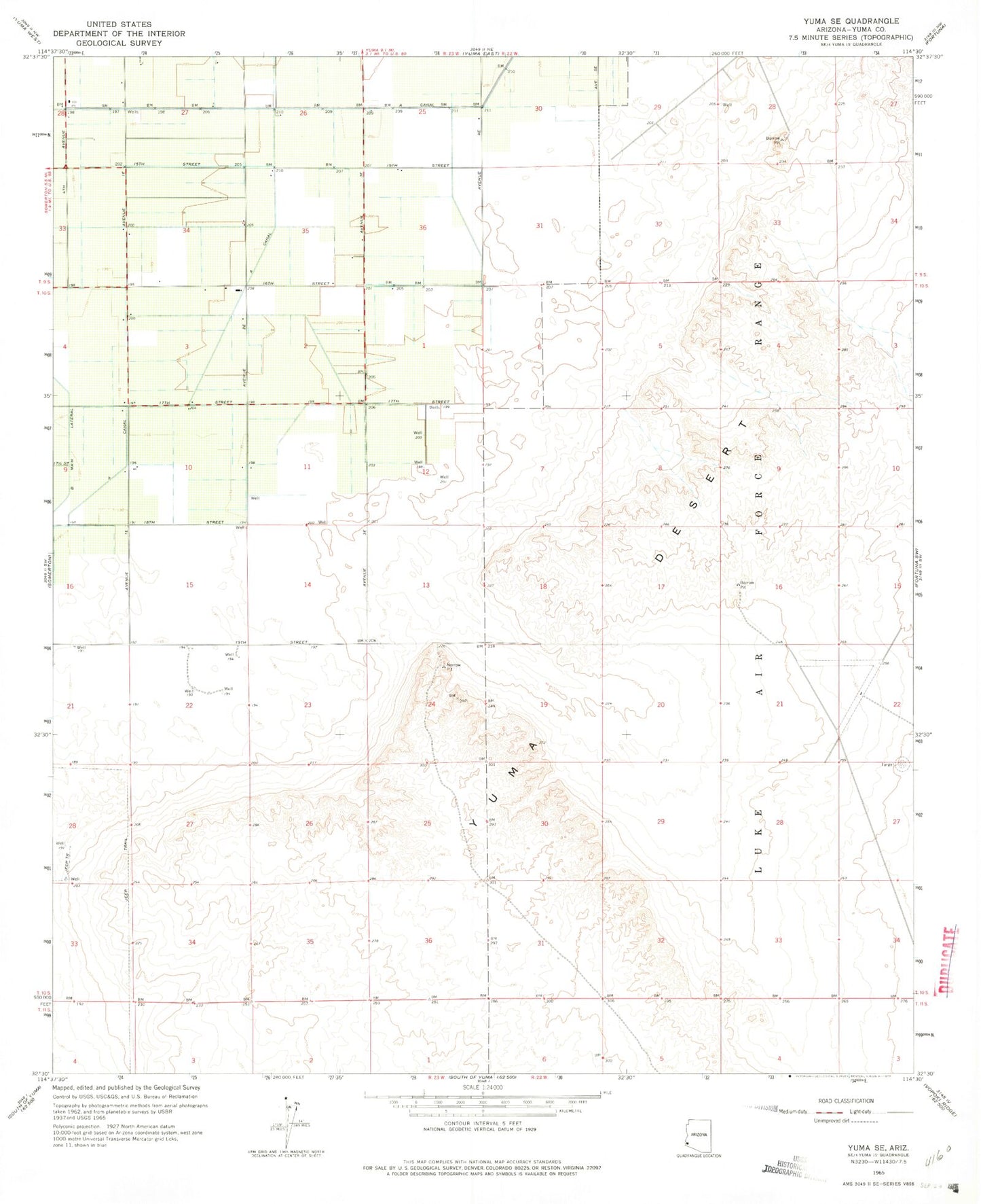 Classic USGS Yuma SE Arizona 7.5'x7.5' Topo Map Image