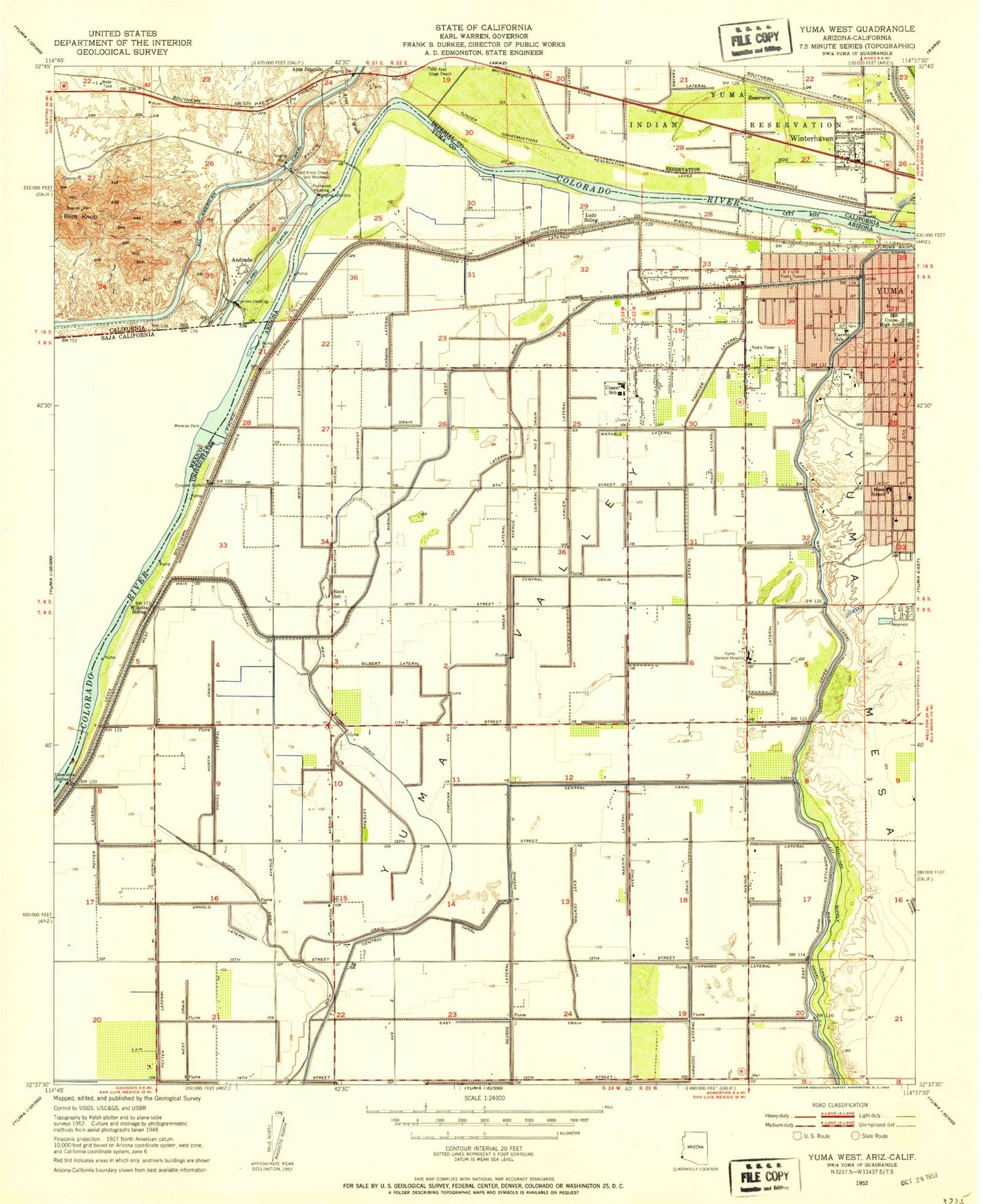 Classic USGS Yuma West Arizona 7.5'x7.5' Topo Map Image