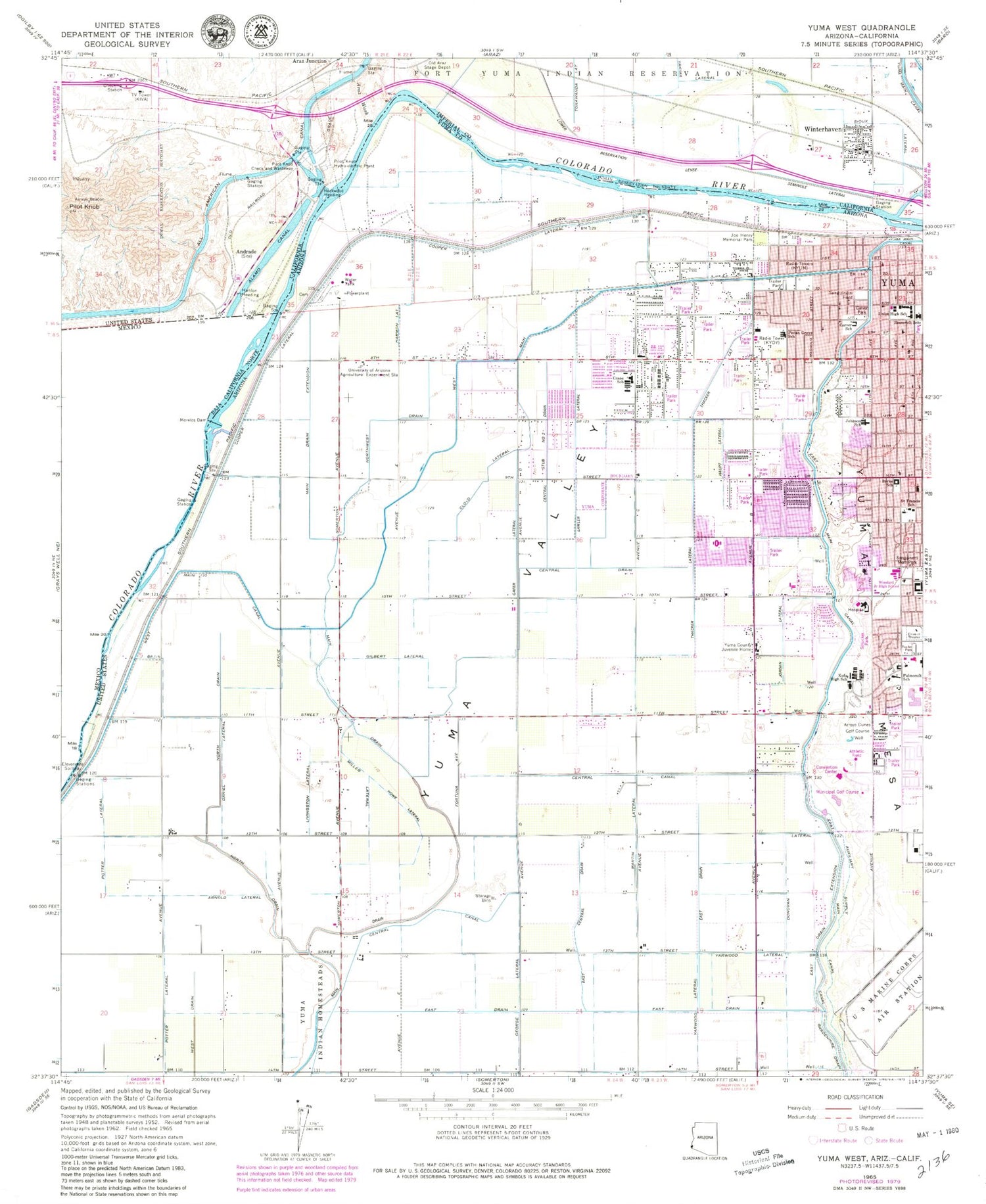 Classic USGS Yuma West Arizona 7.5'x7.5' Topo Map Image