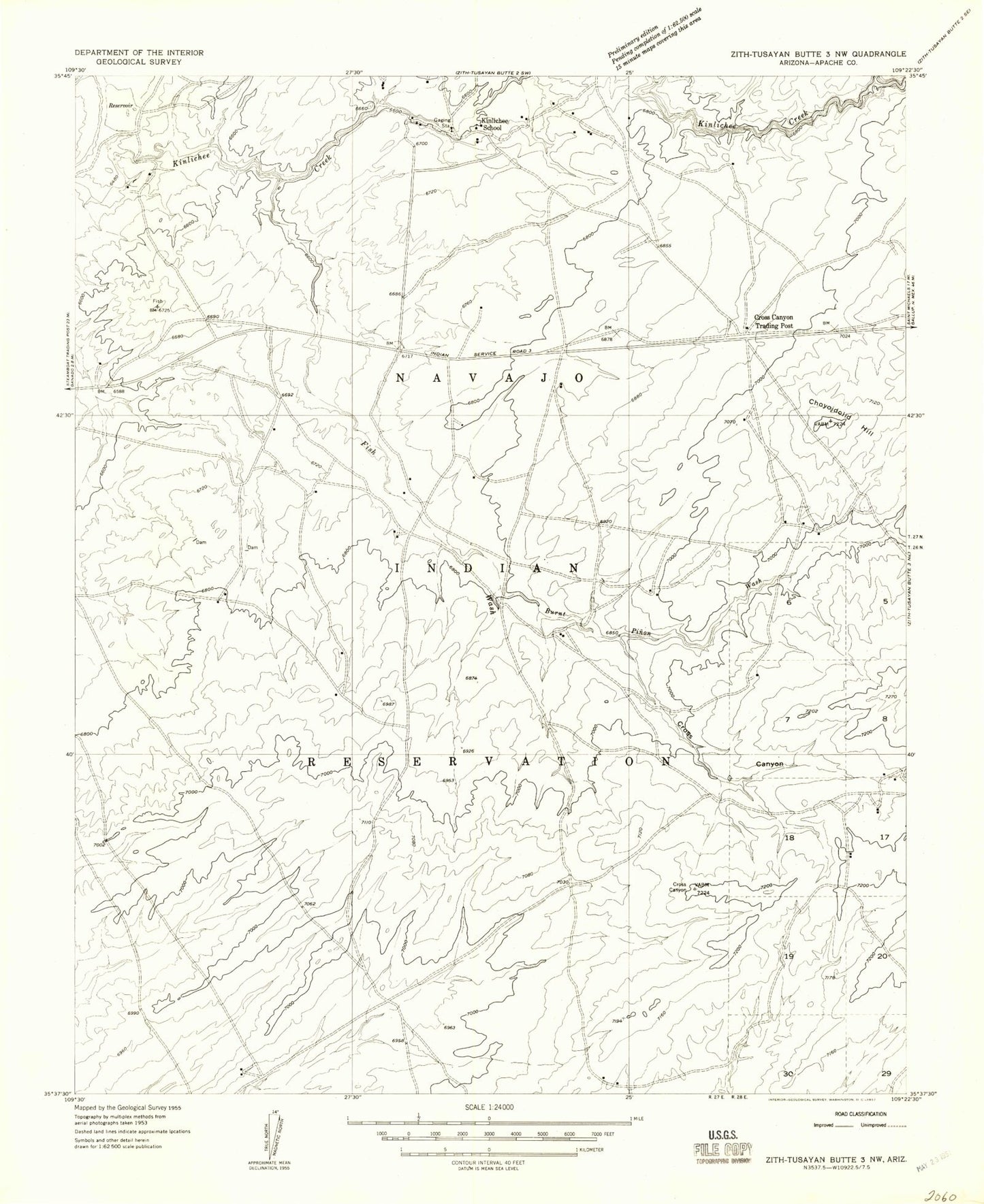 Classic USGS Kinlichee Arizona 7.5'x7.5' Topo Map Image