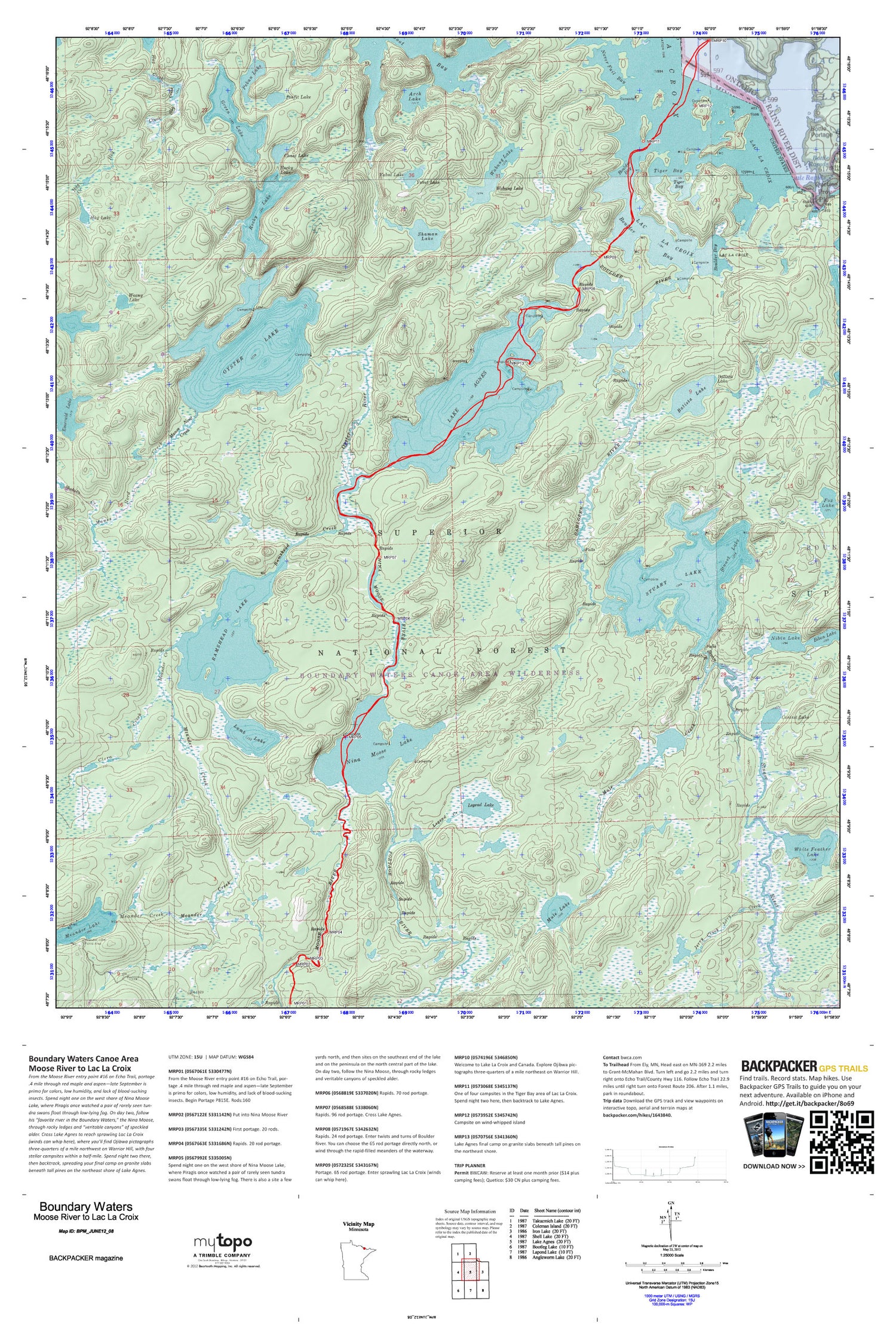 Moose River to Lac La Croix Map (Boundary Waters, Minnesota) Image