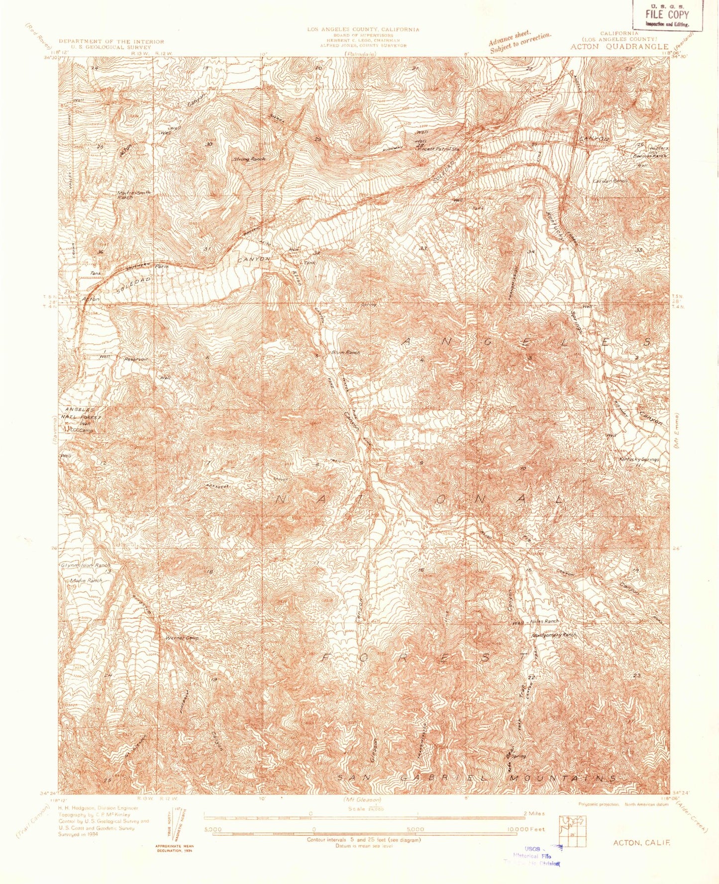 Classic USGS Acton California 7.5'x7.5' Topo Map Image