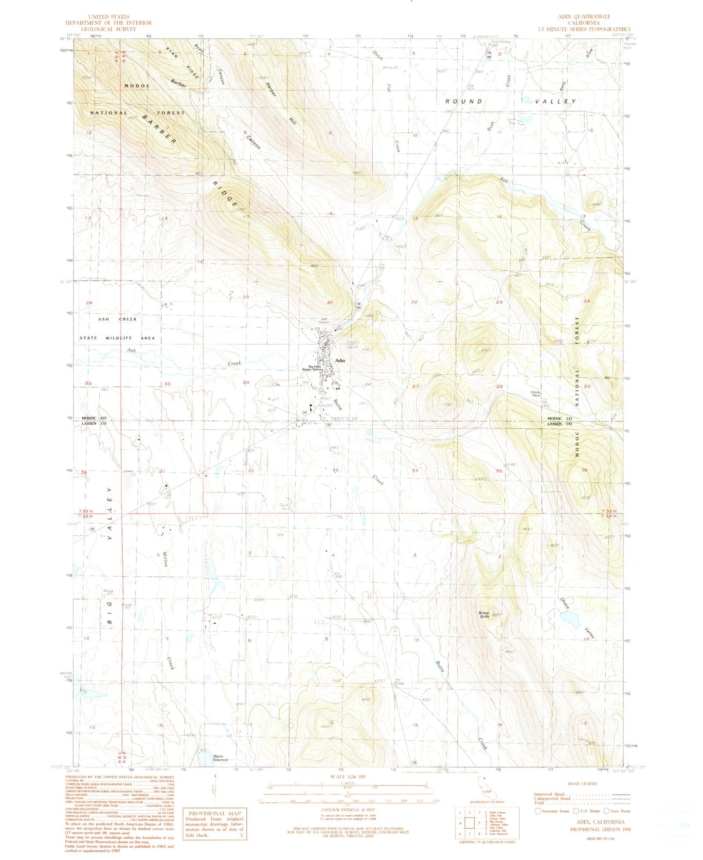 Classic USGS Adin California 7.5'x7.5' Topo Map Image