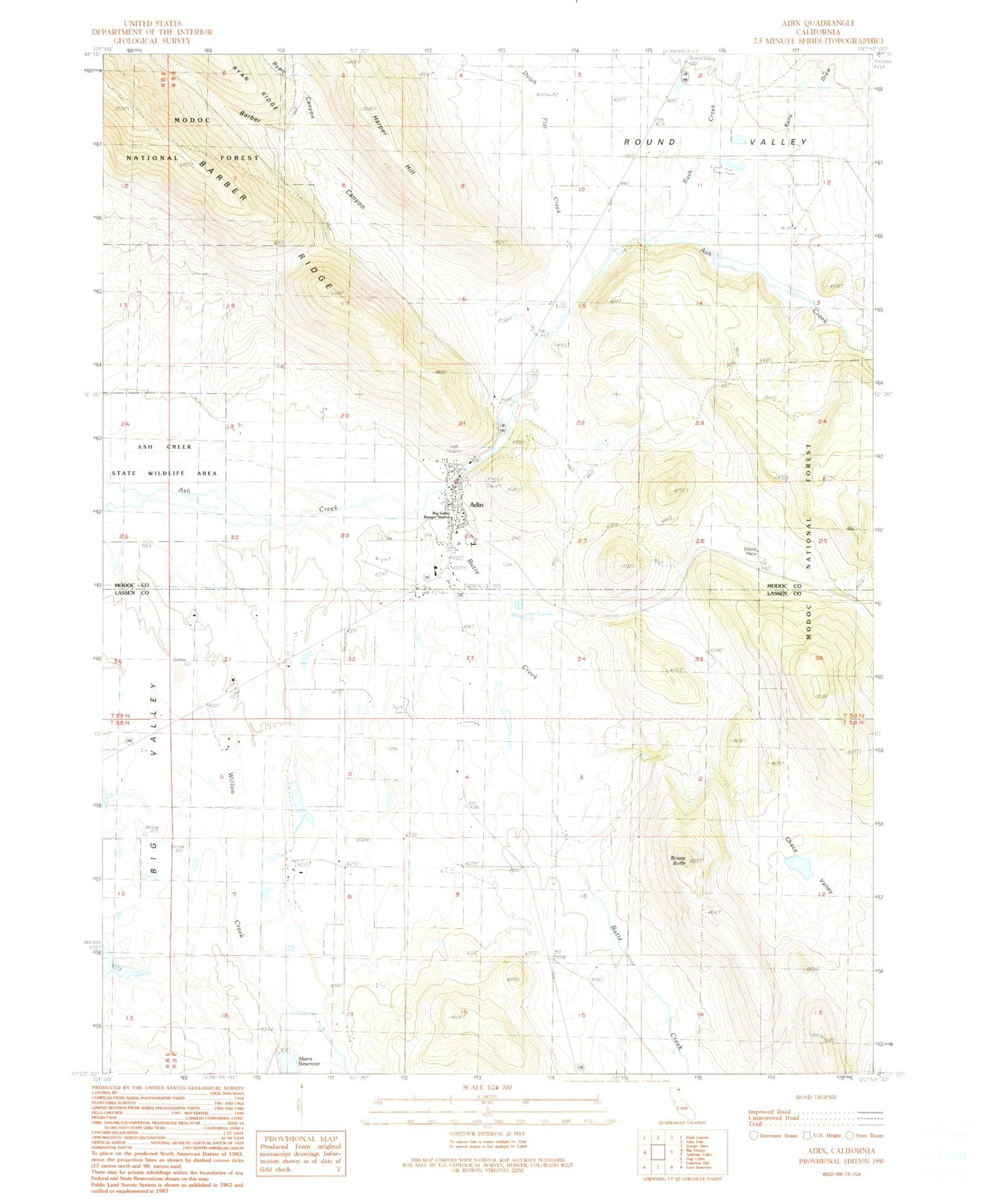 Classic USGS Adin California 7.5'x7.5' Topo Map Image