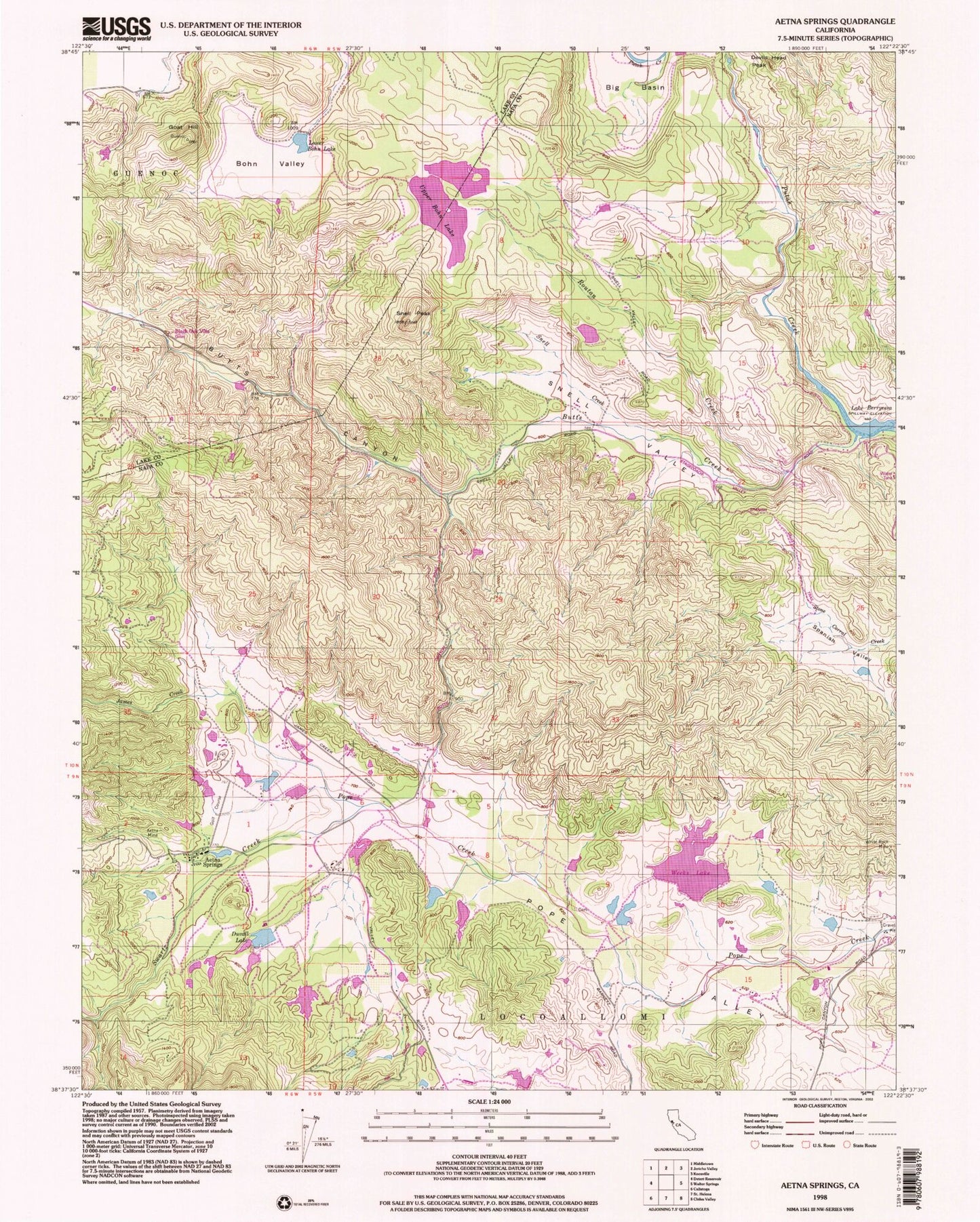 Classic USGS Aetna Springs California 7.5'x7.5' Topo Map Image