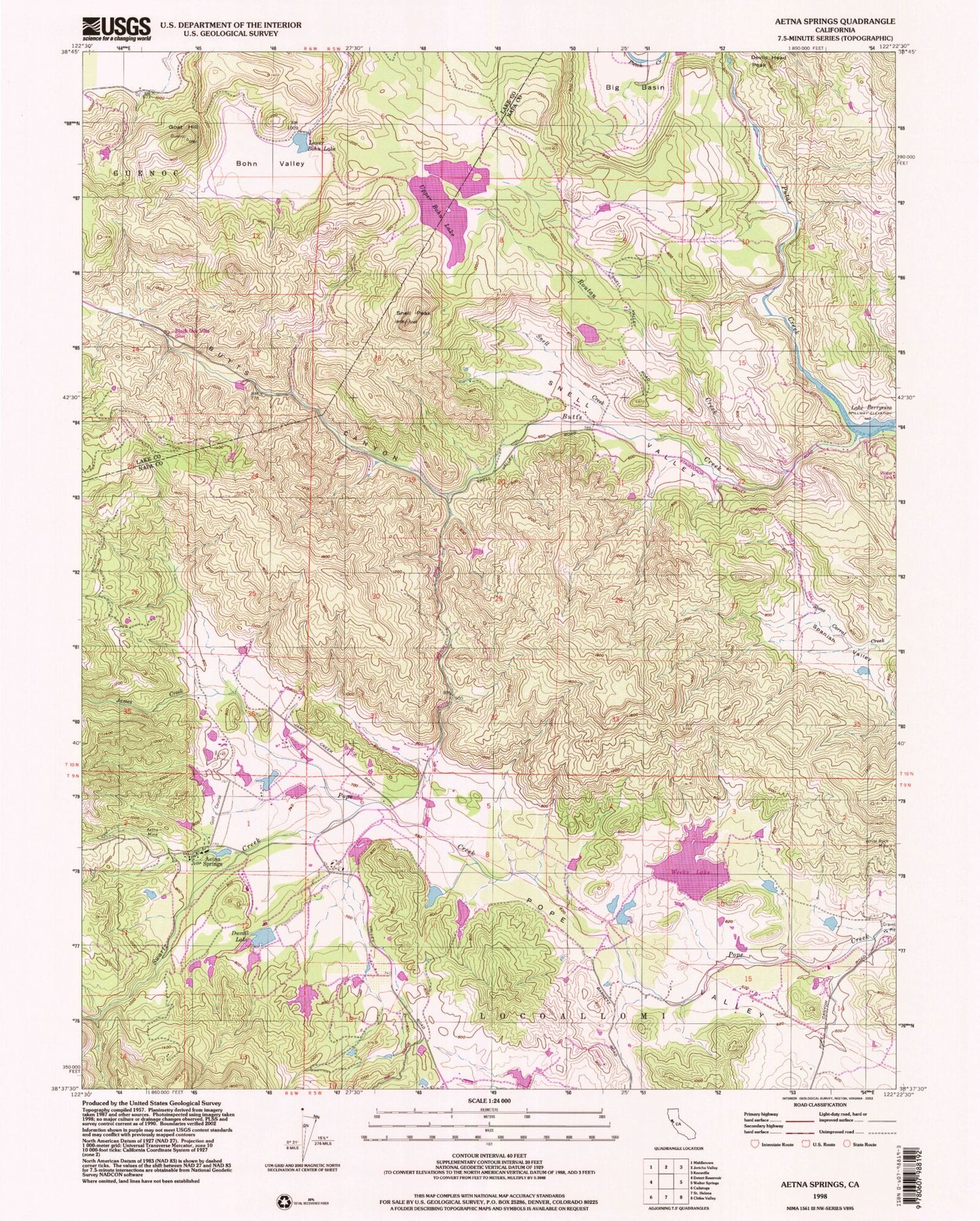Classic USGS Aetna Springs California 7.5'x7.5' Topo Map Image
