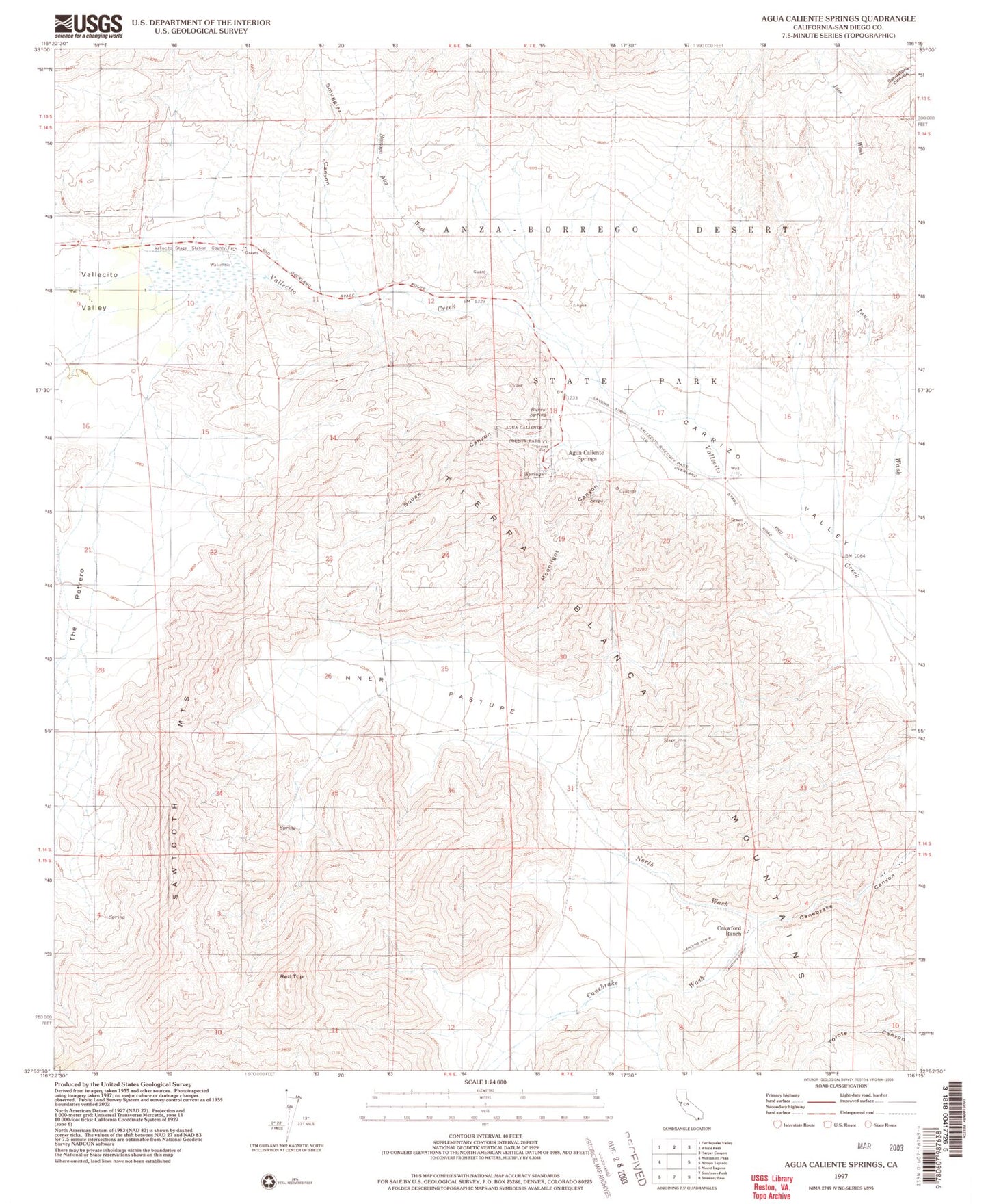 Classic USGS Agua Caliente Springs California 7.5'x7.5' Topo Map Image