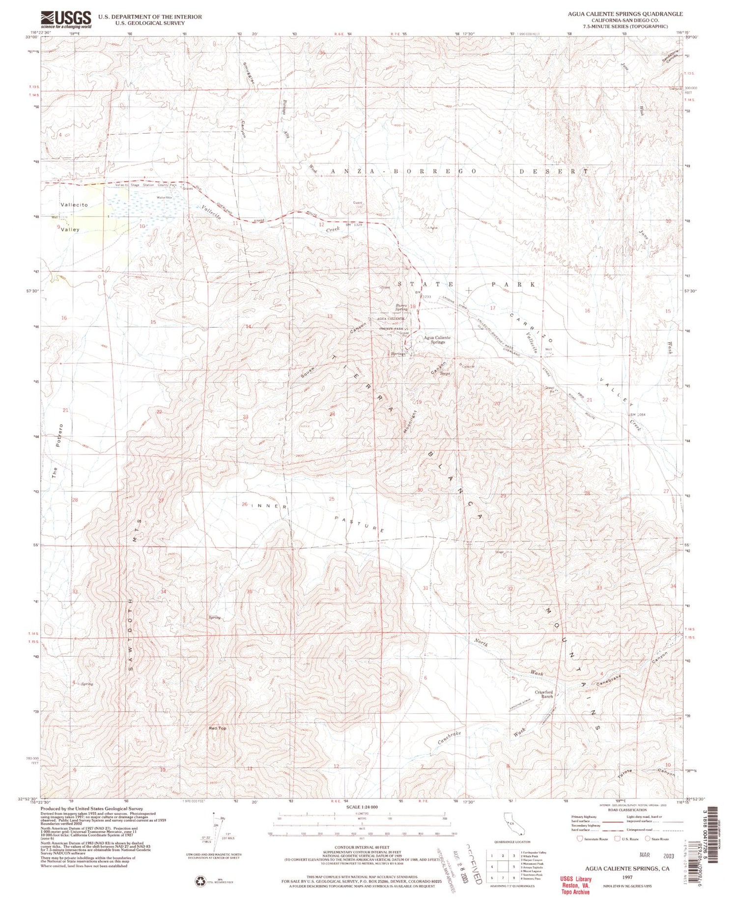 Classic USGS Agua Caliente Springs California 7.5'x7.5' Topo Map Image