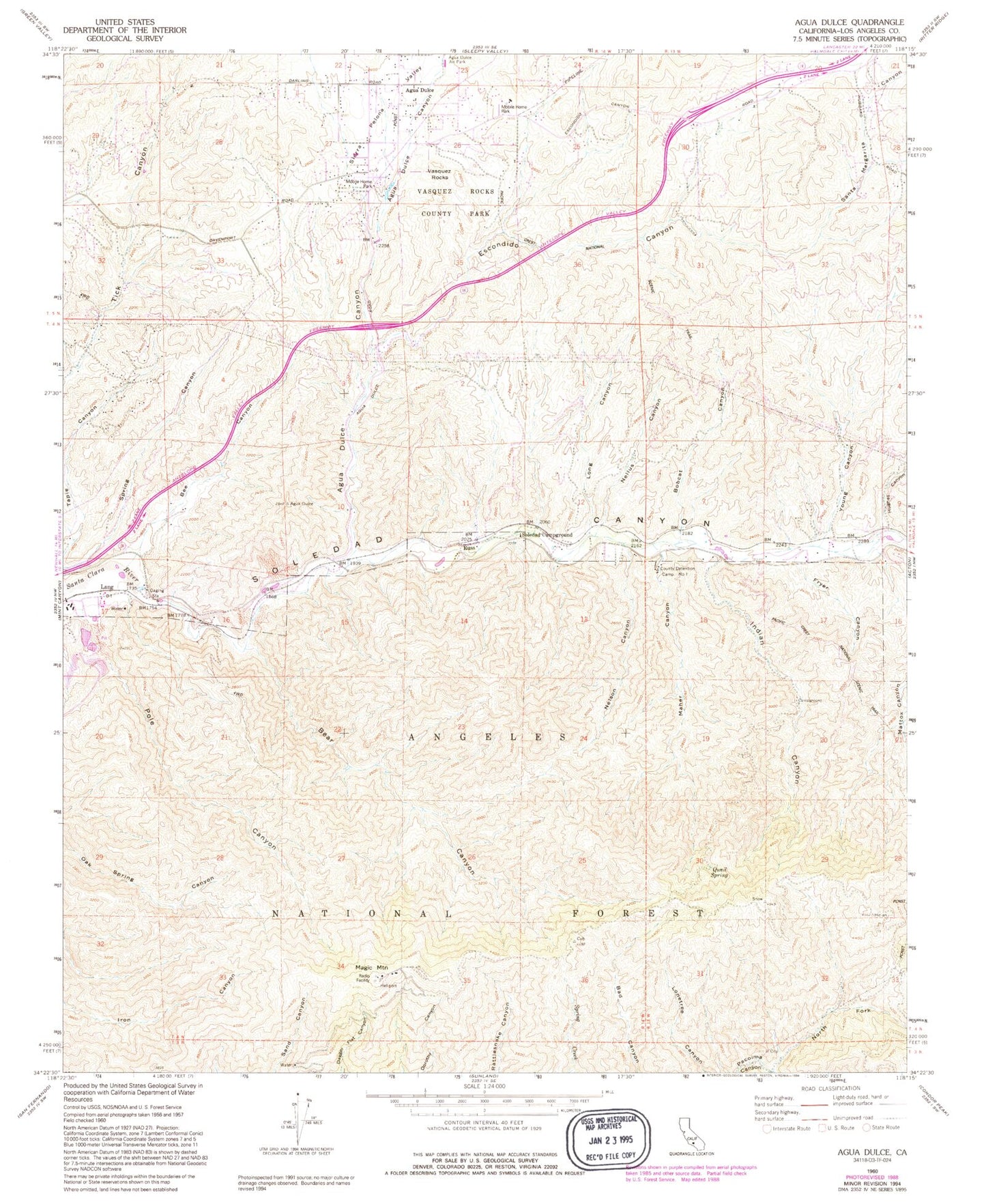 Classic USGS Agua Dulce California 7.5'x7.5' Topo Map Image
