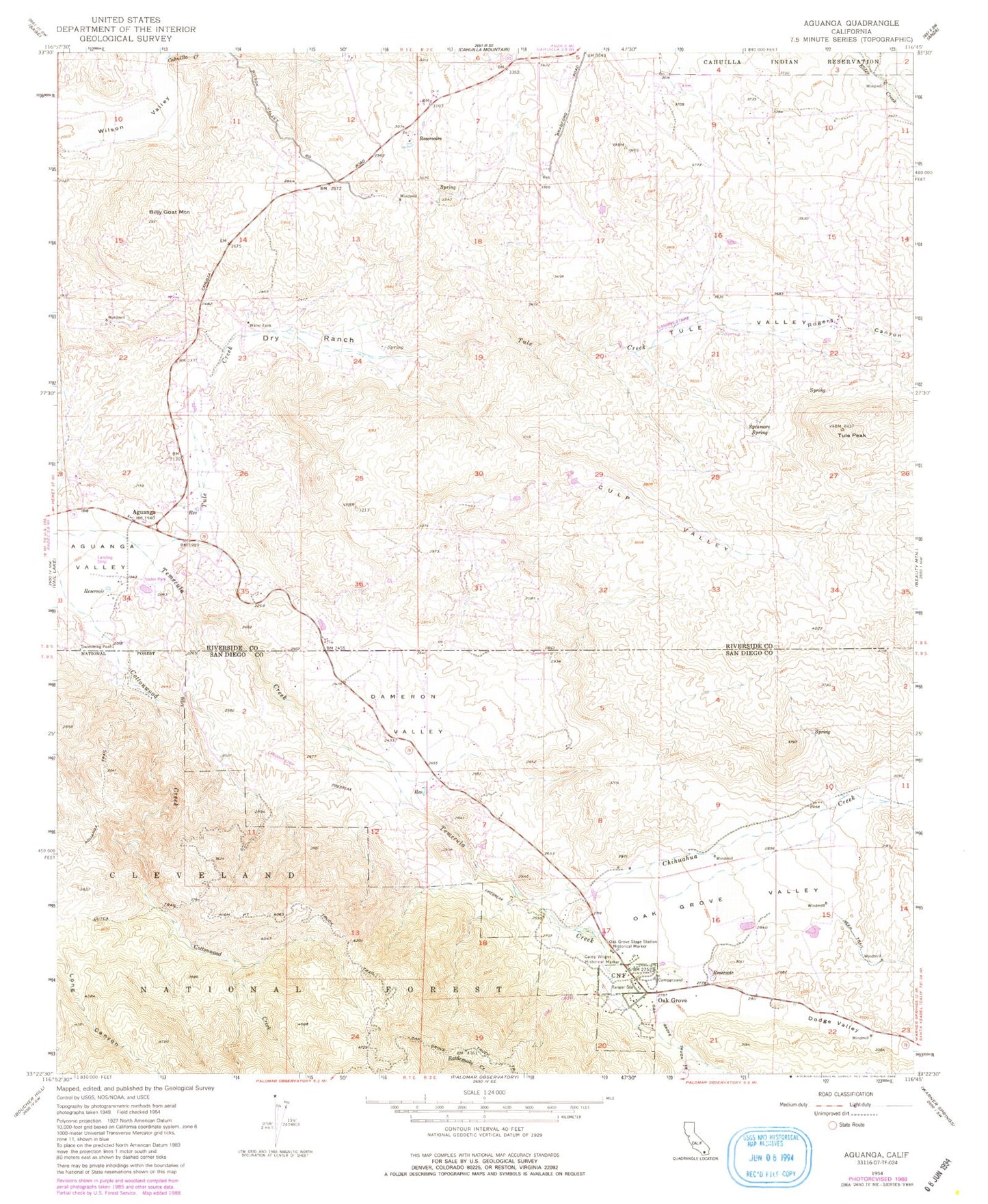 Classic USGS Aguanga California 7.5'x7.5' Topo Map Image