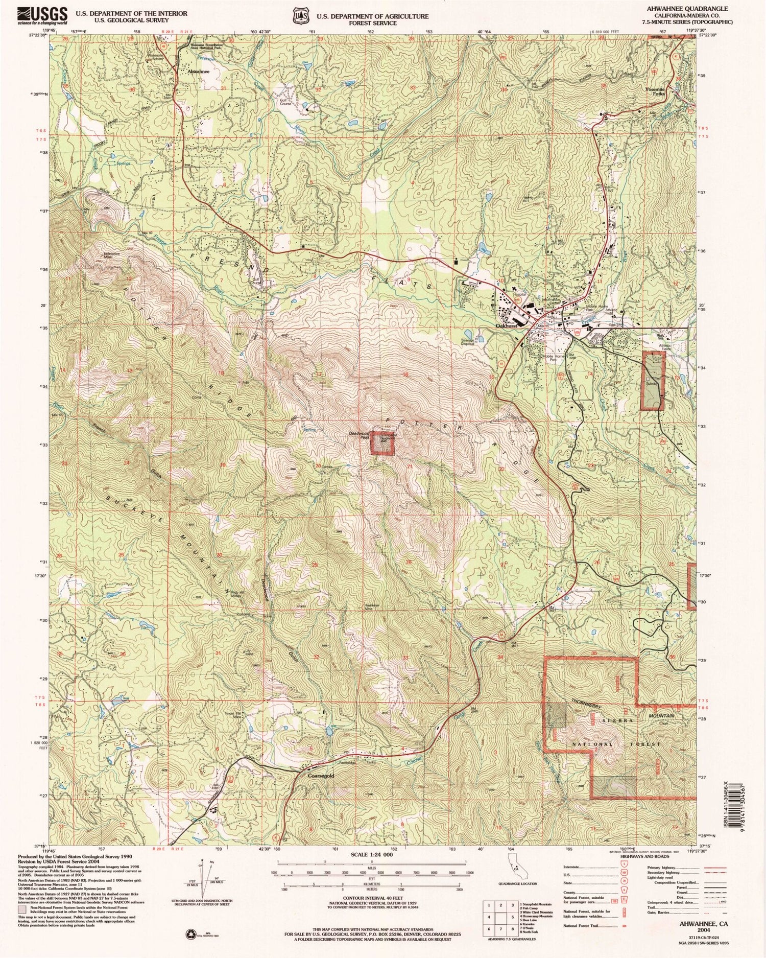 Classic USGS Ahwahnee California 7.5'x7.5' Topo Map Image