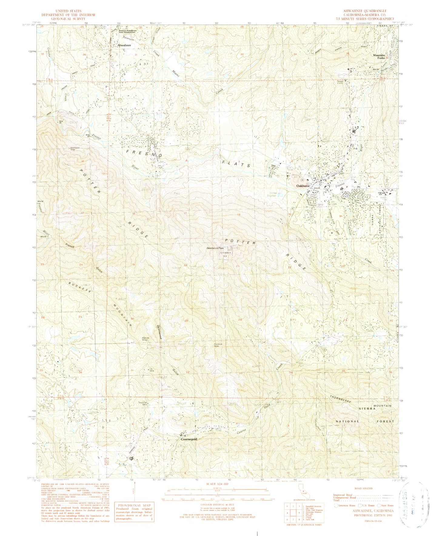 Classic USGS Ahwahnee California 7.5'x7.5' Topo Map Image