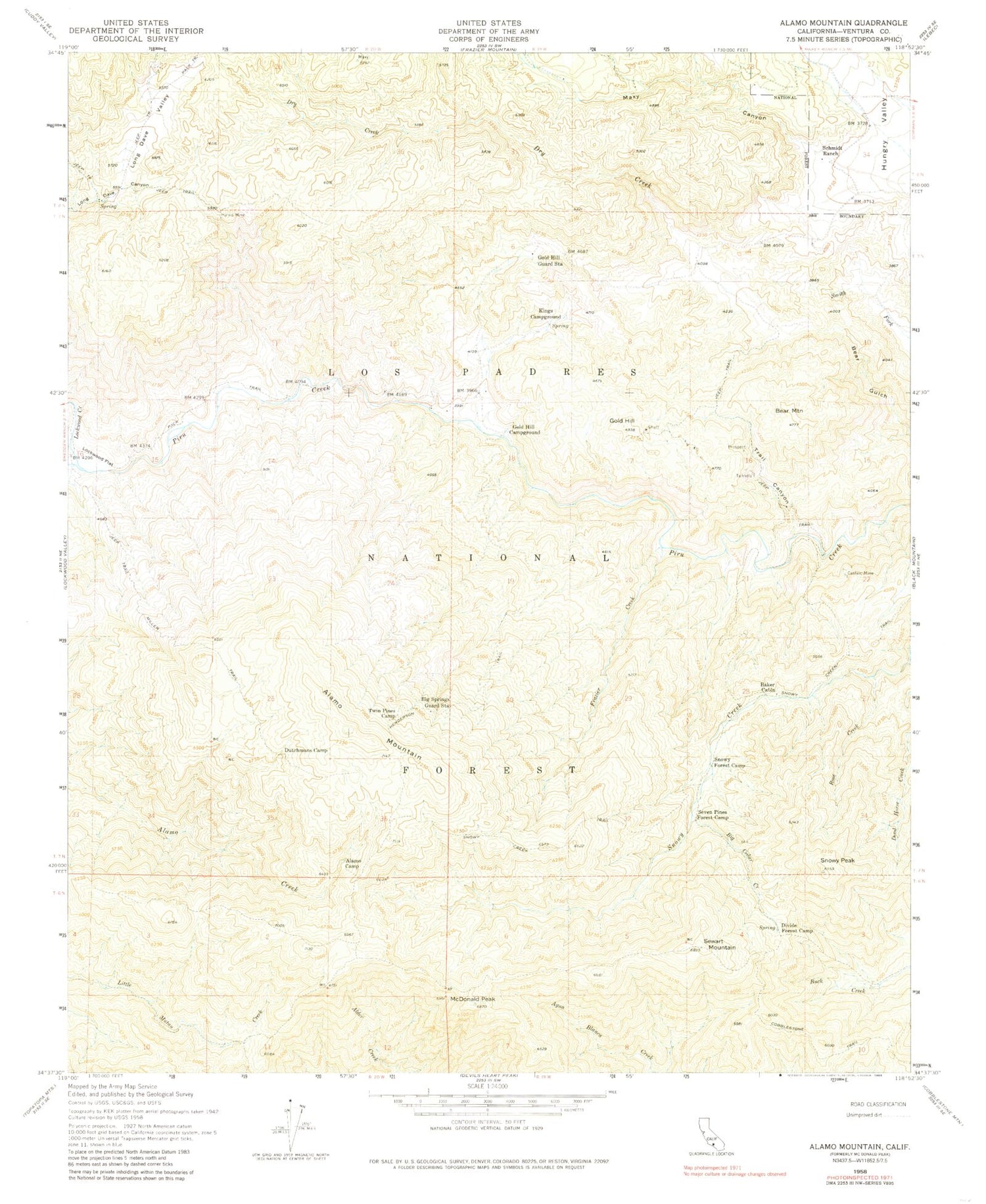Classic USGS Alamo Mountain California 7.5'x7.5' Topo Map Image