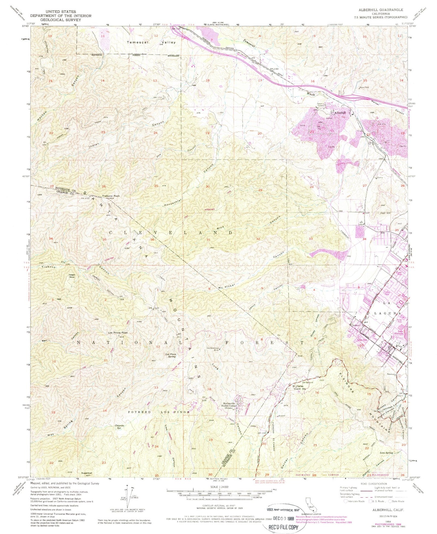Classic USGS Alberhill California 7.5'x7.5' Topo Map Image