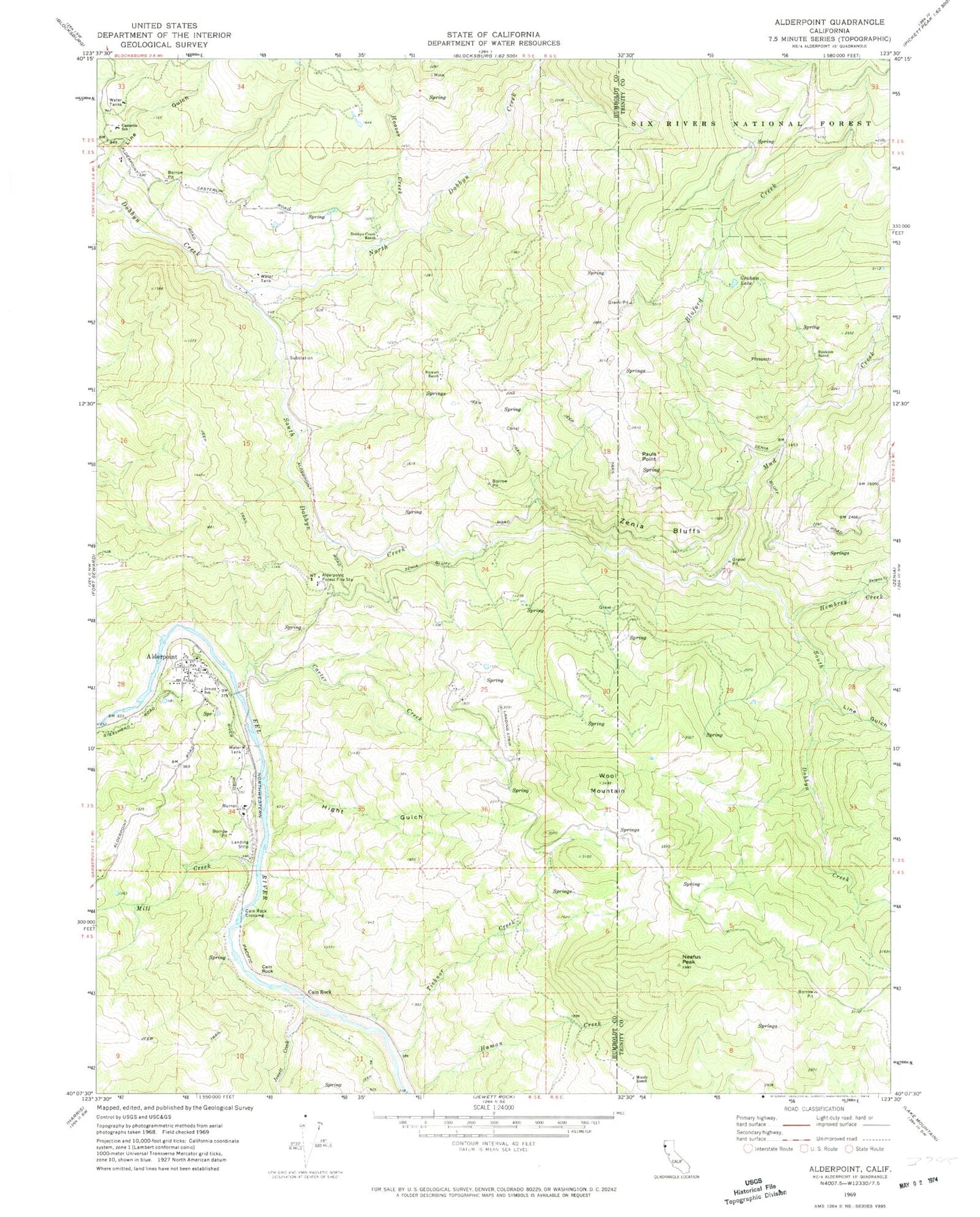 Classic USGS Alderpoint California 7.5'x7.5' Topo Map Image