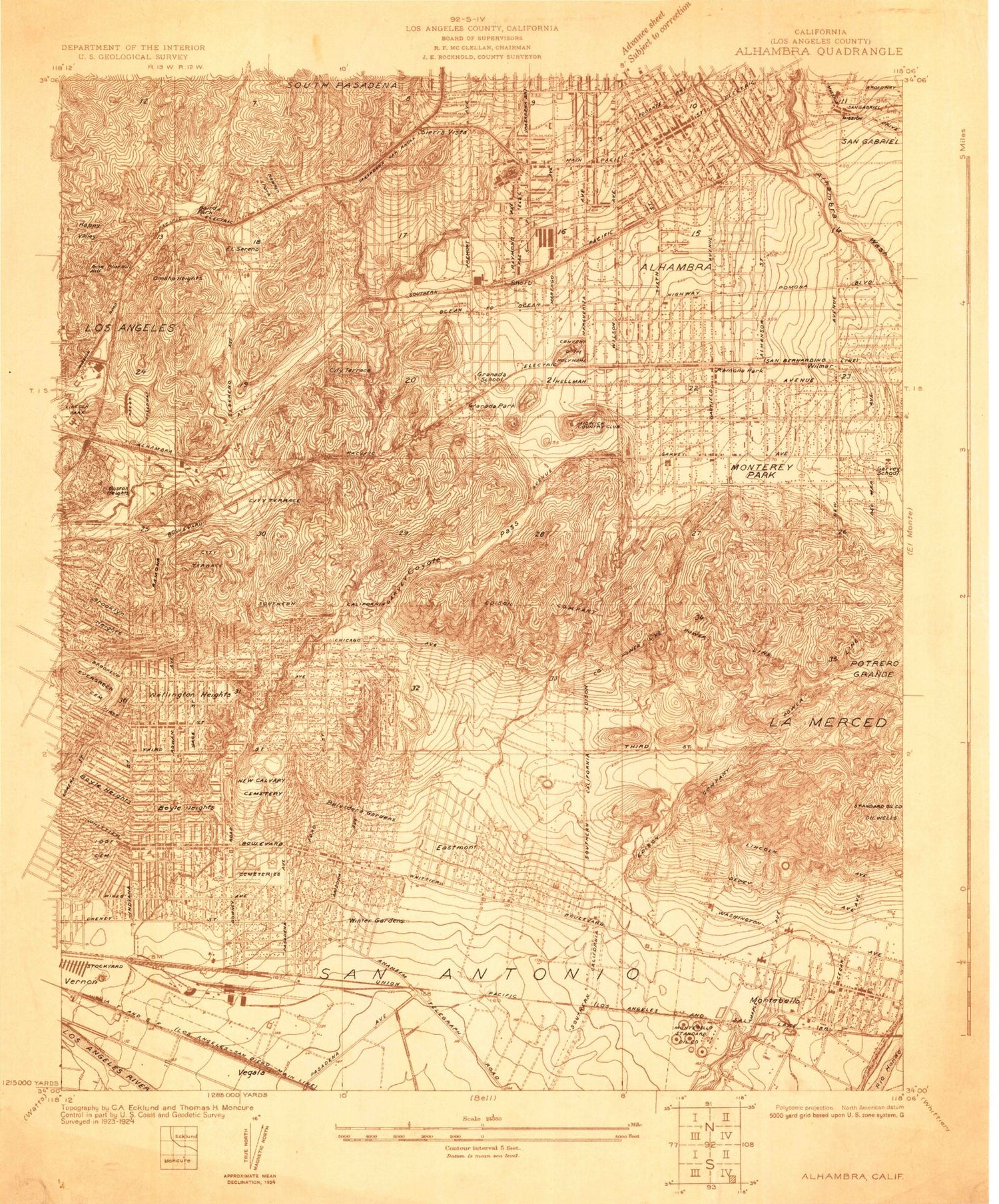 Classic USGS Alhambra California 7.5'x7.5' Topo Map Image