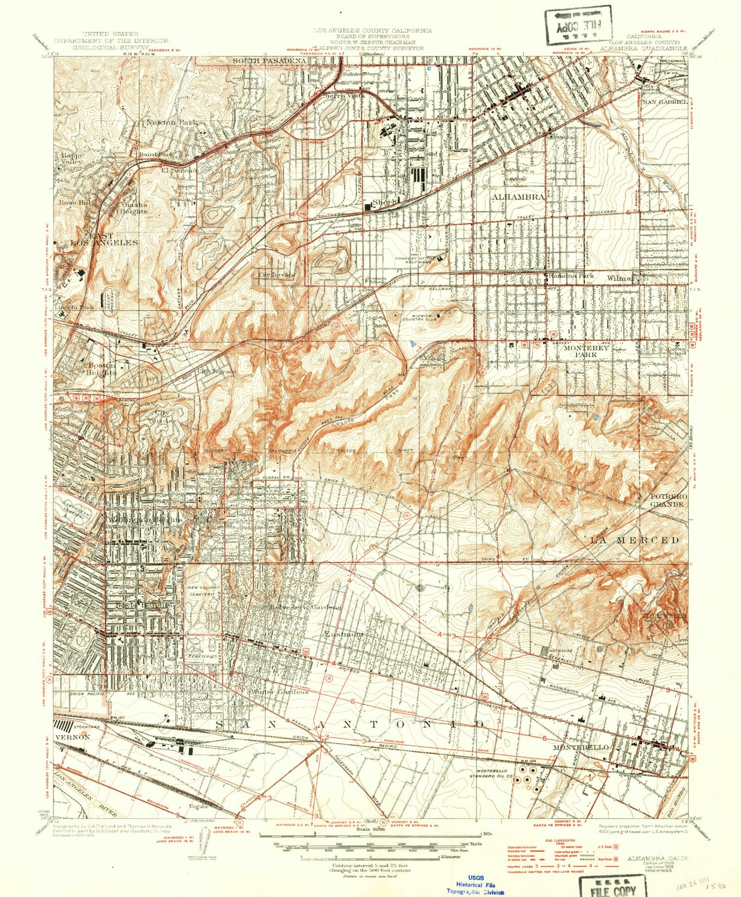 Classic USGS Alhambra California 7.5'x7.5' Topo Map Image