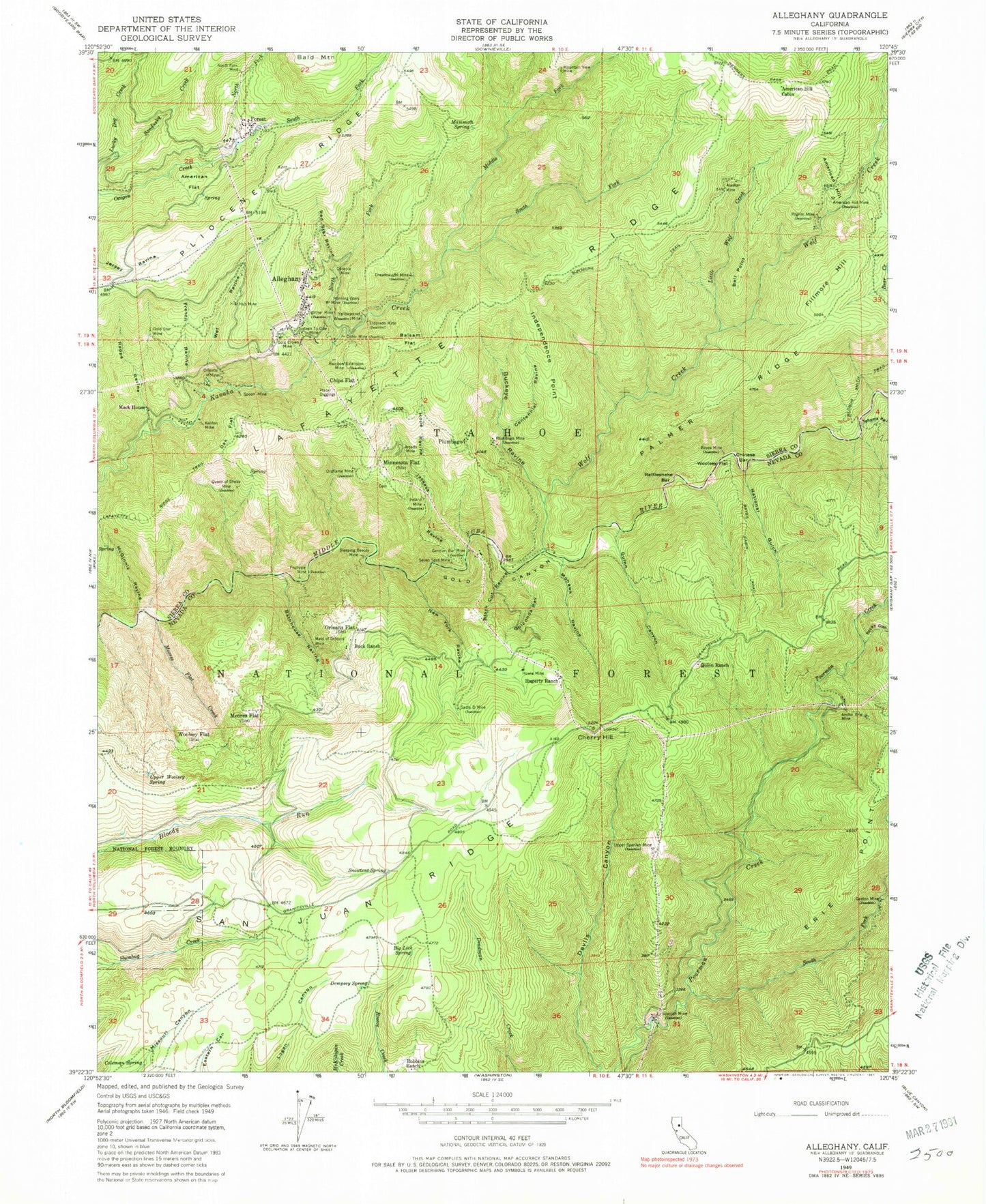Classic USGS Alleghany California 7.5'x7.5' Topo Map Image