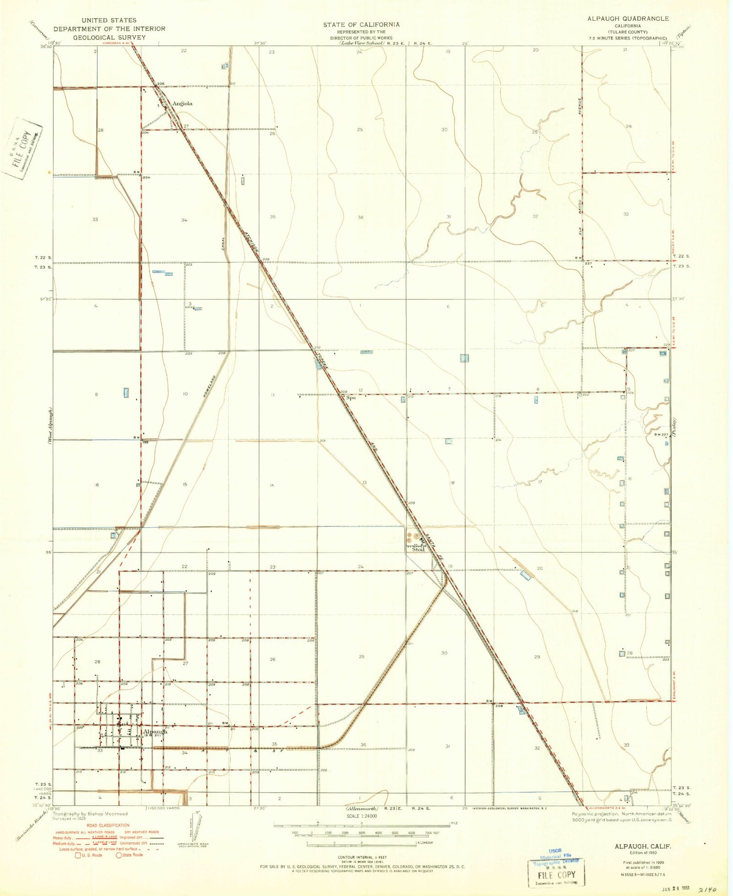 Classic USGS Alpaugh California 7.5'x7.5' Topo Map Image