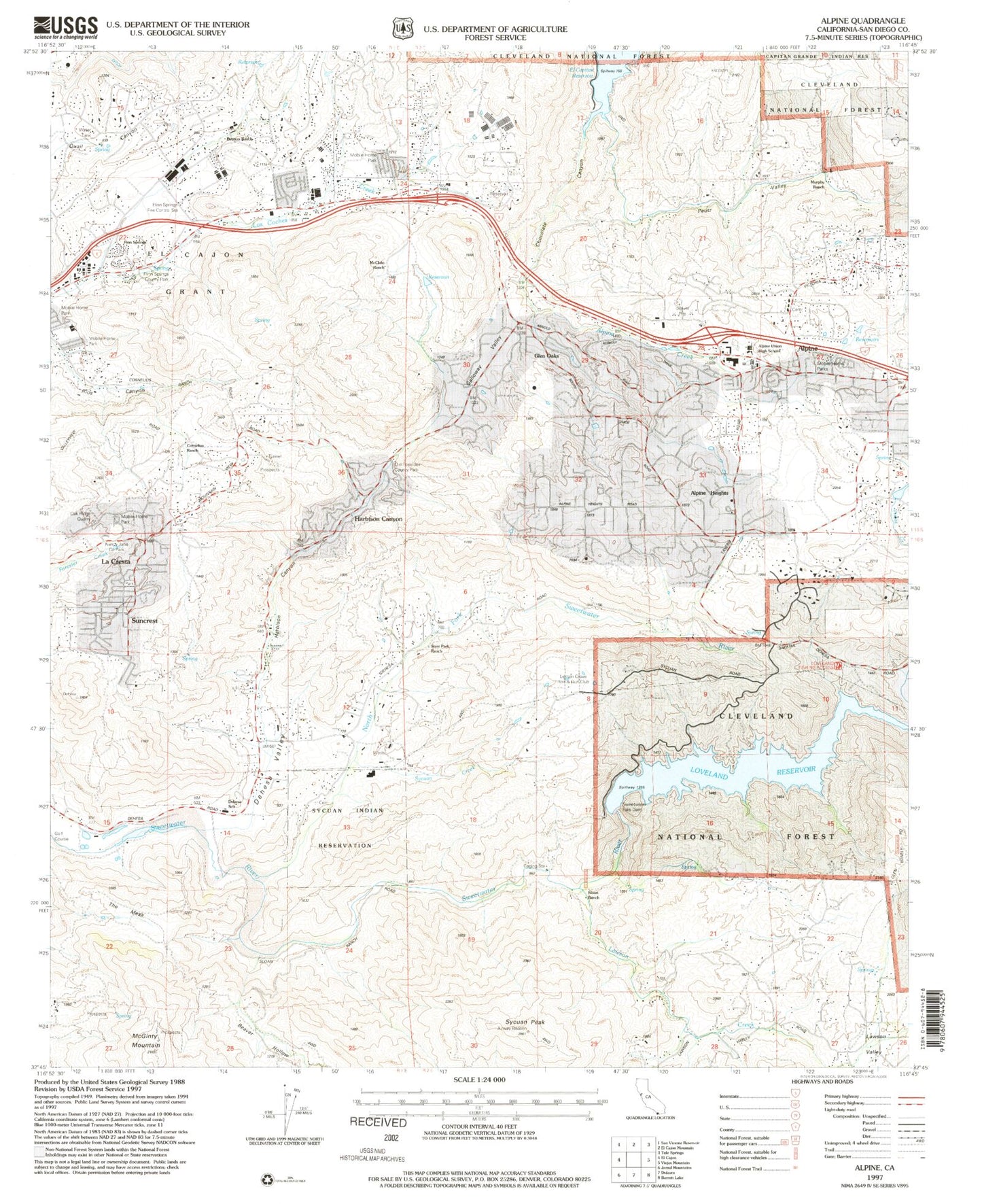 Classic USGS Alpine California 7.5'x7.5' Topo Map Image